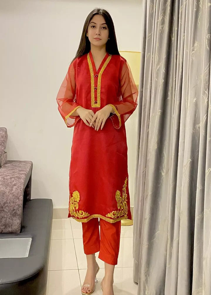 cotton net Kurta Set in Red