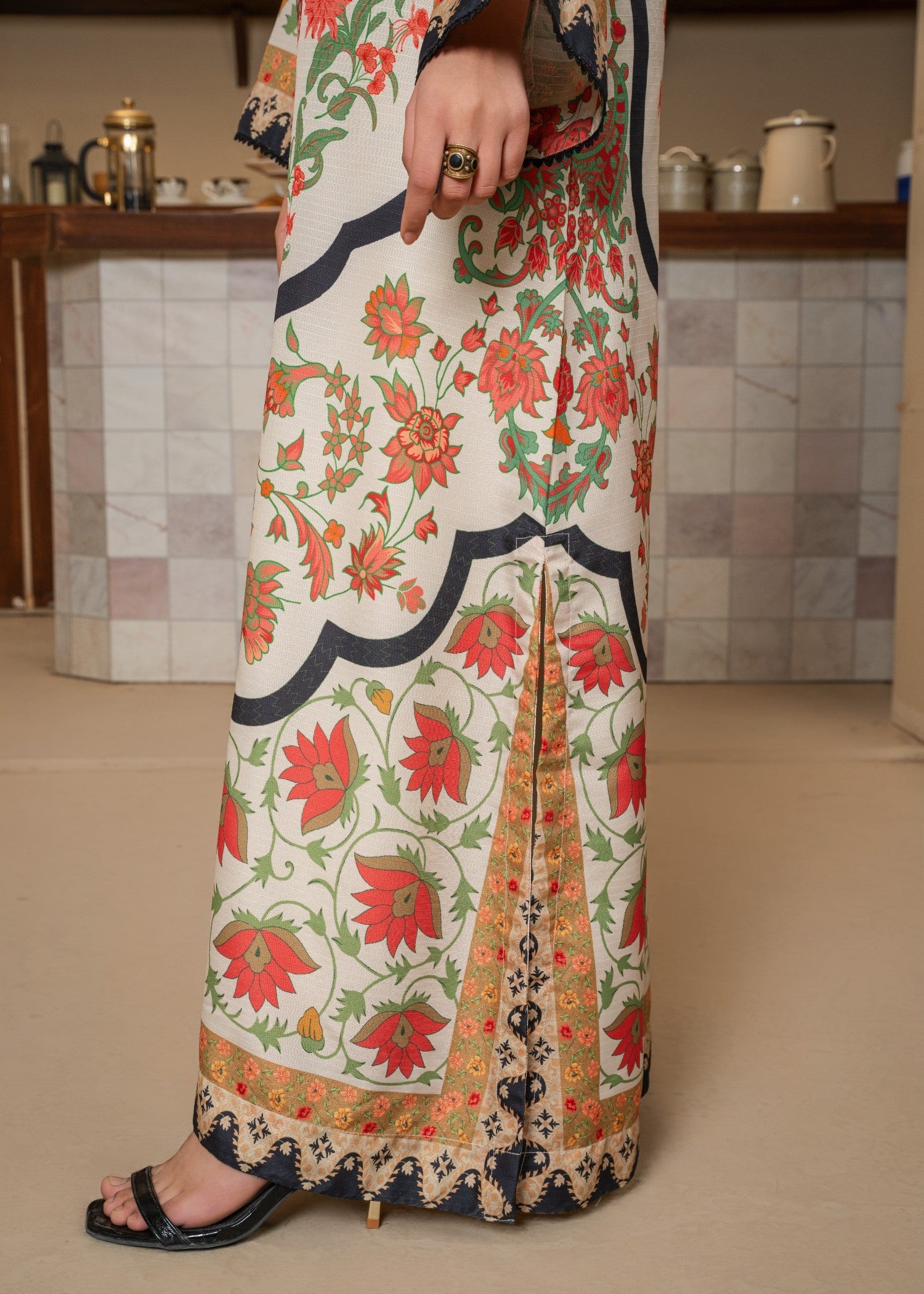 poly modal Kaftan in Orange, cream