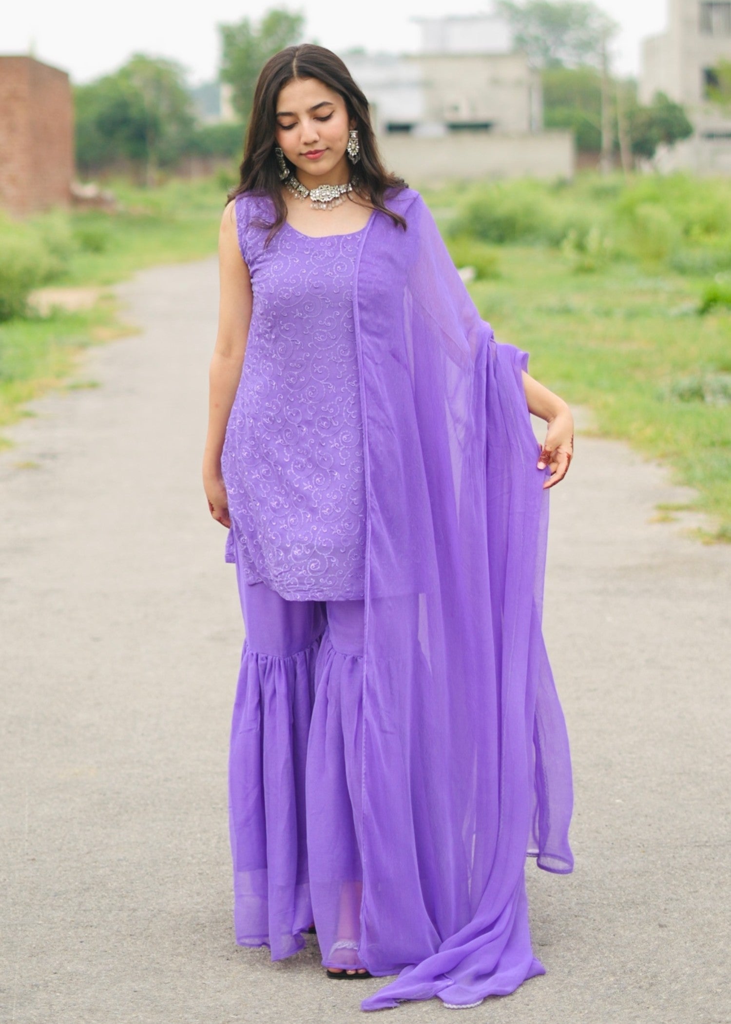 bemberg crinkle chiffon Gharara in Purple mountain majesty