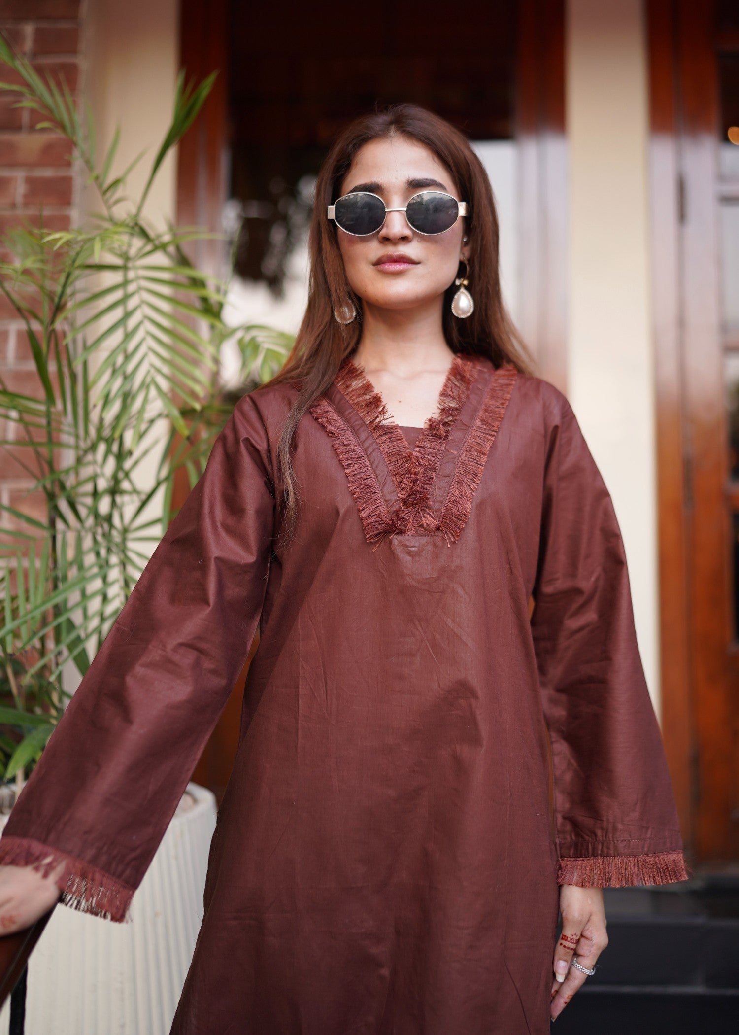lawn cotton Kurta Set in Chocolate brown