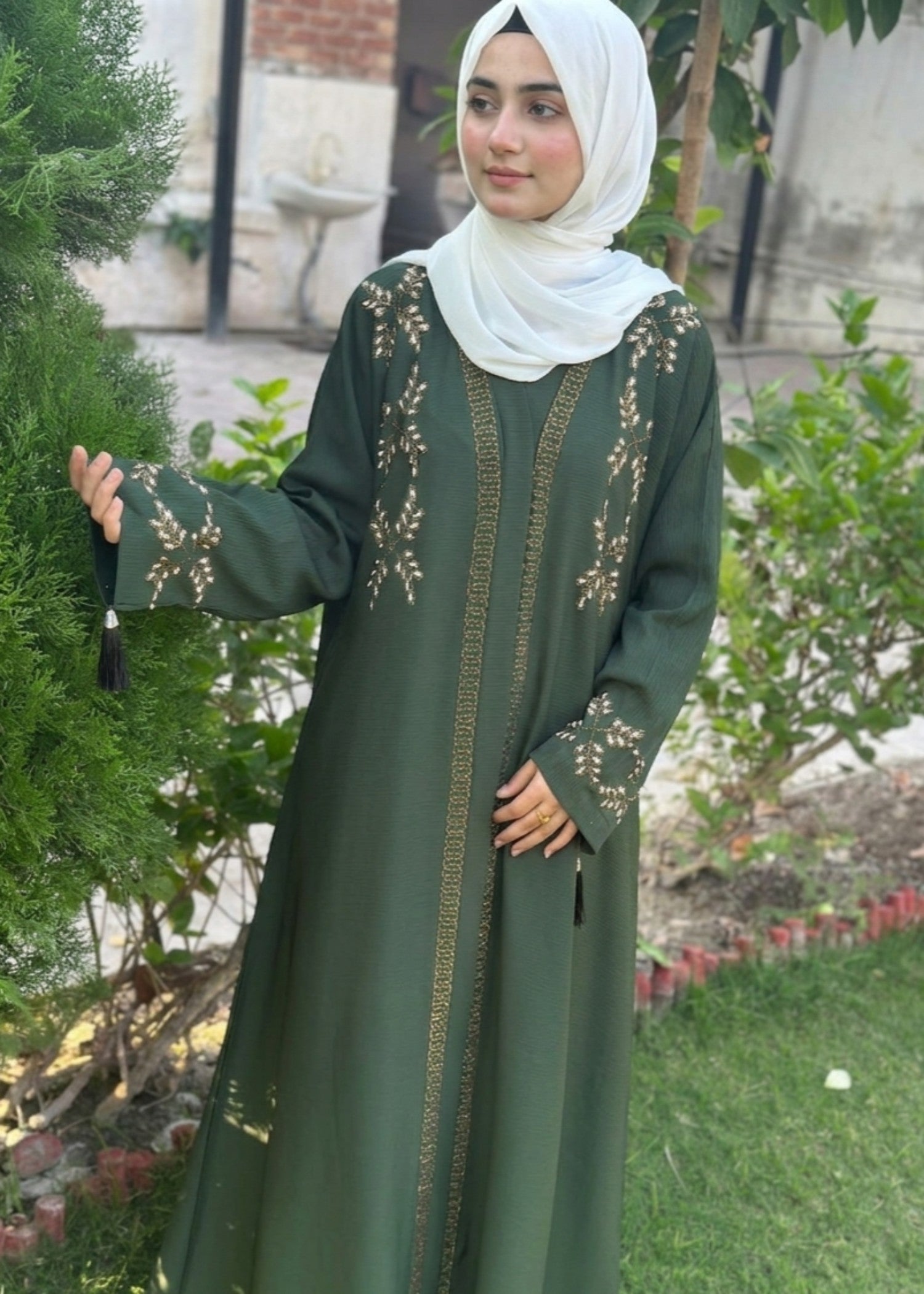 thai silk Abaya in Bottle green