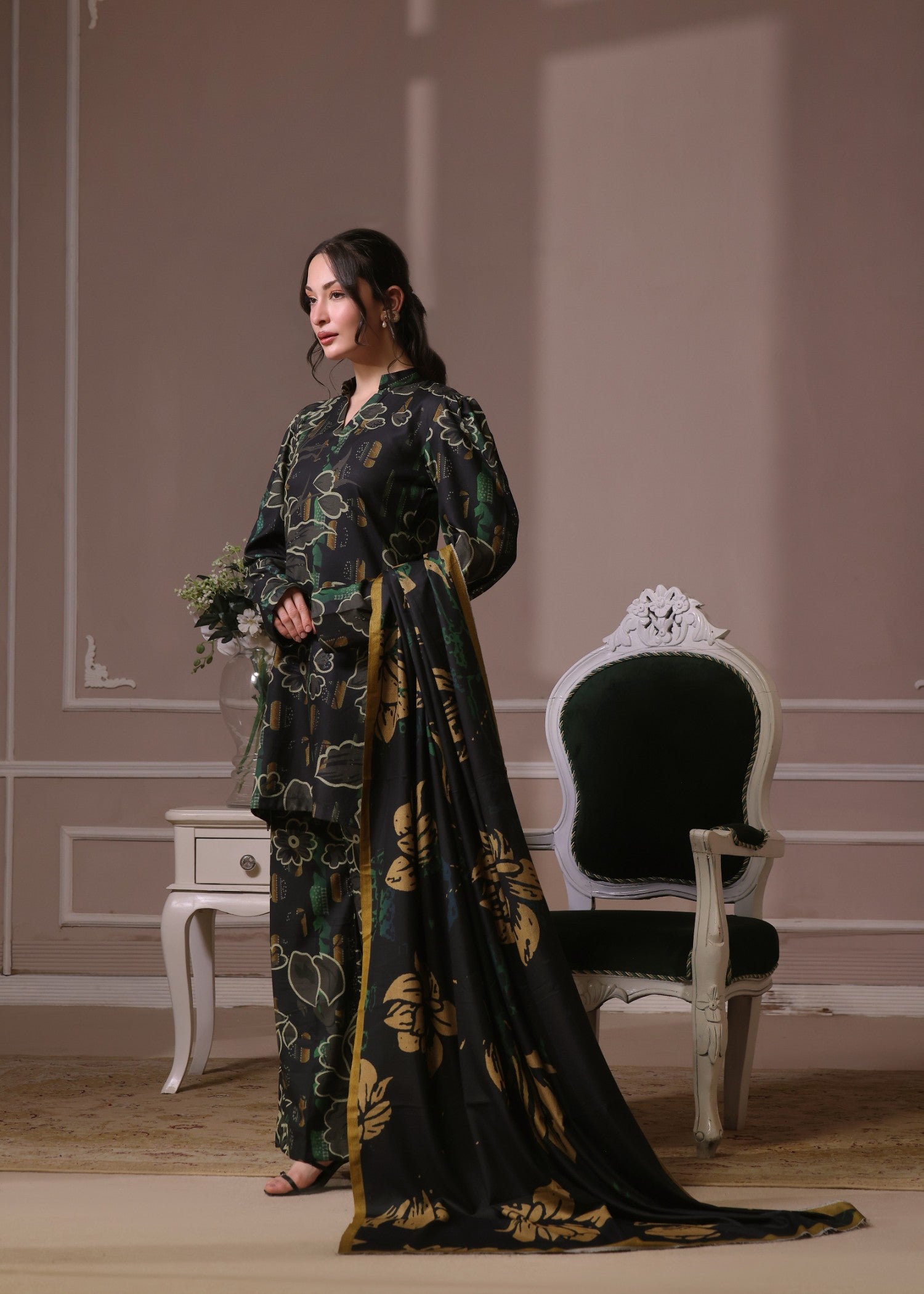 twill khaddar Kurta Set in Jet black