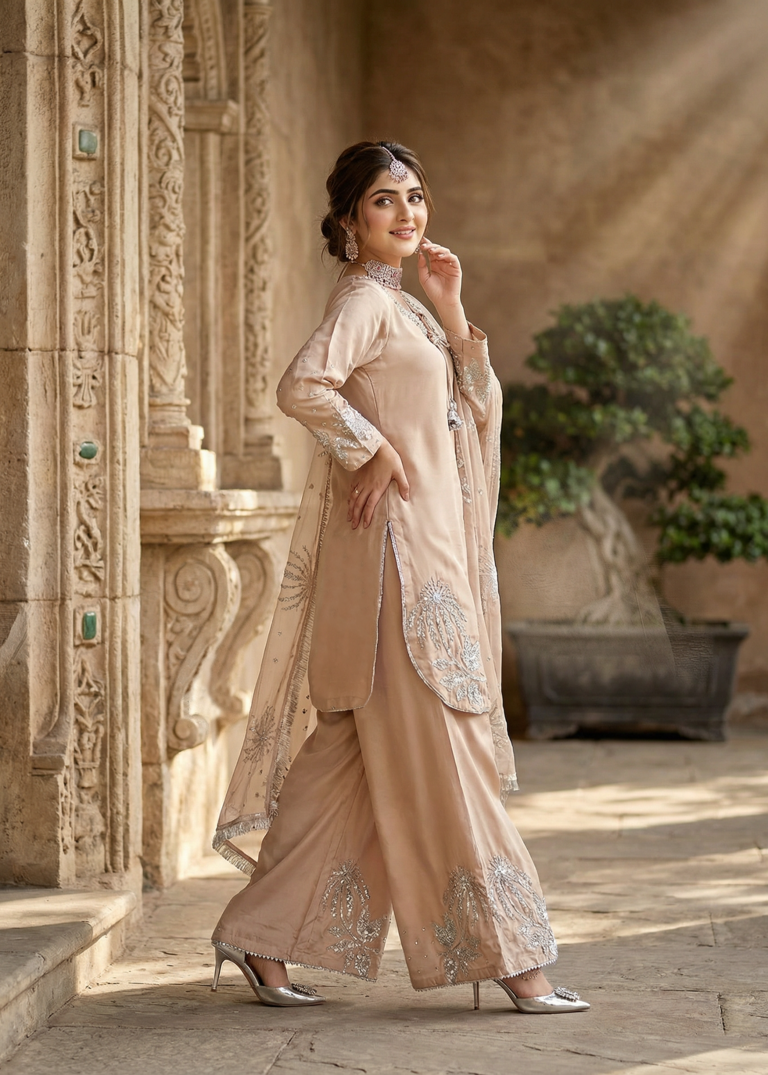 kattan silk Kurta Set in Peach pink