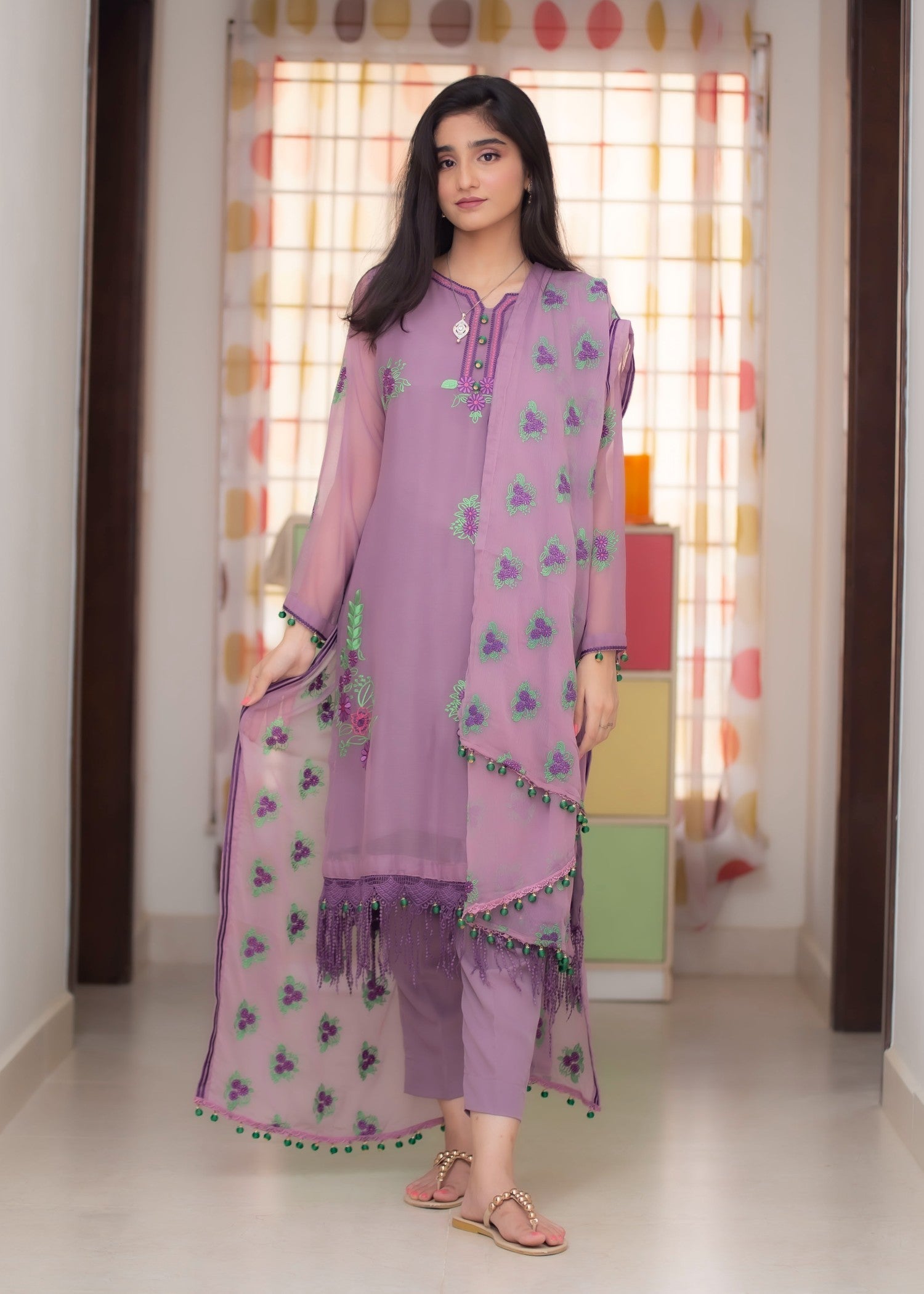 chiffon Kurta Set in Lilac