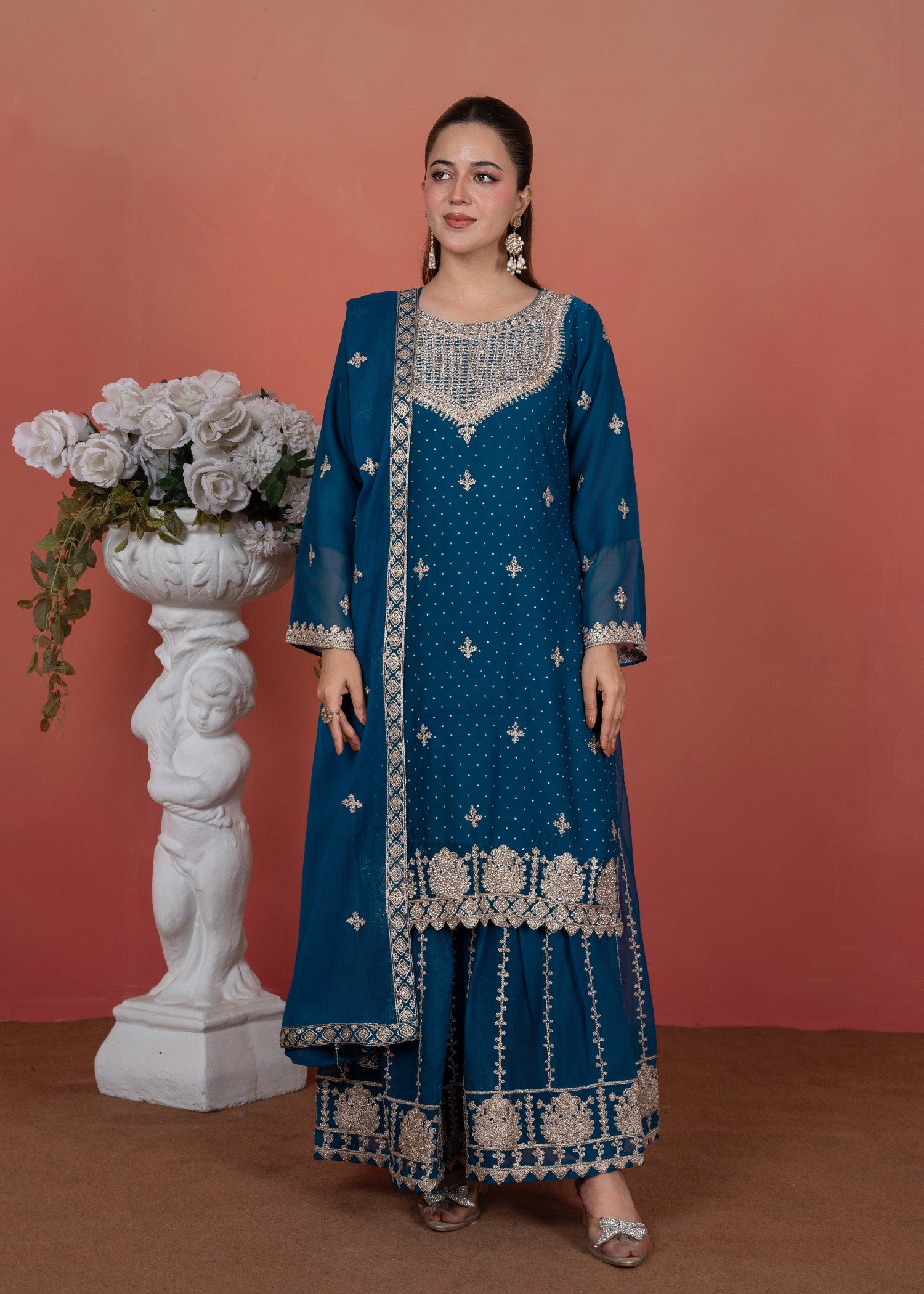 chiffon Kurta Set in Azure