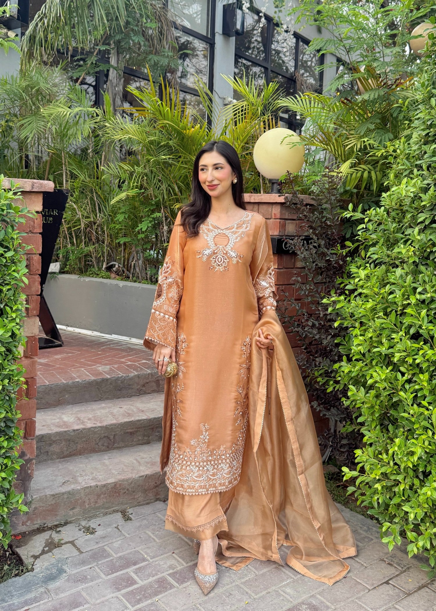 tissue silk Kurta Set in Tan brown