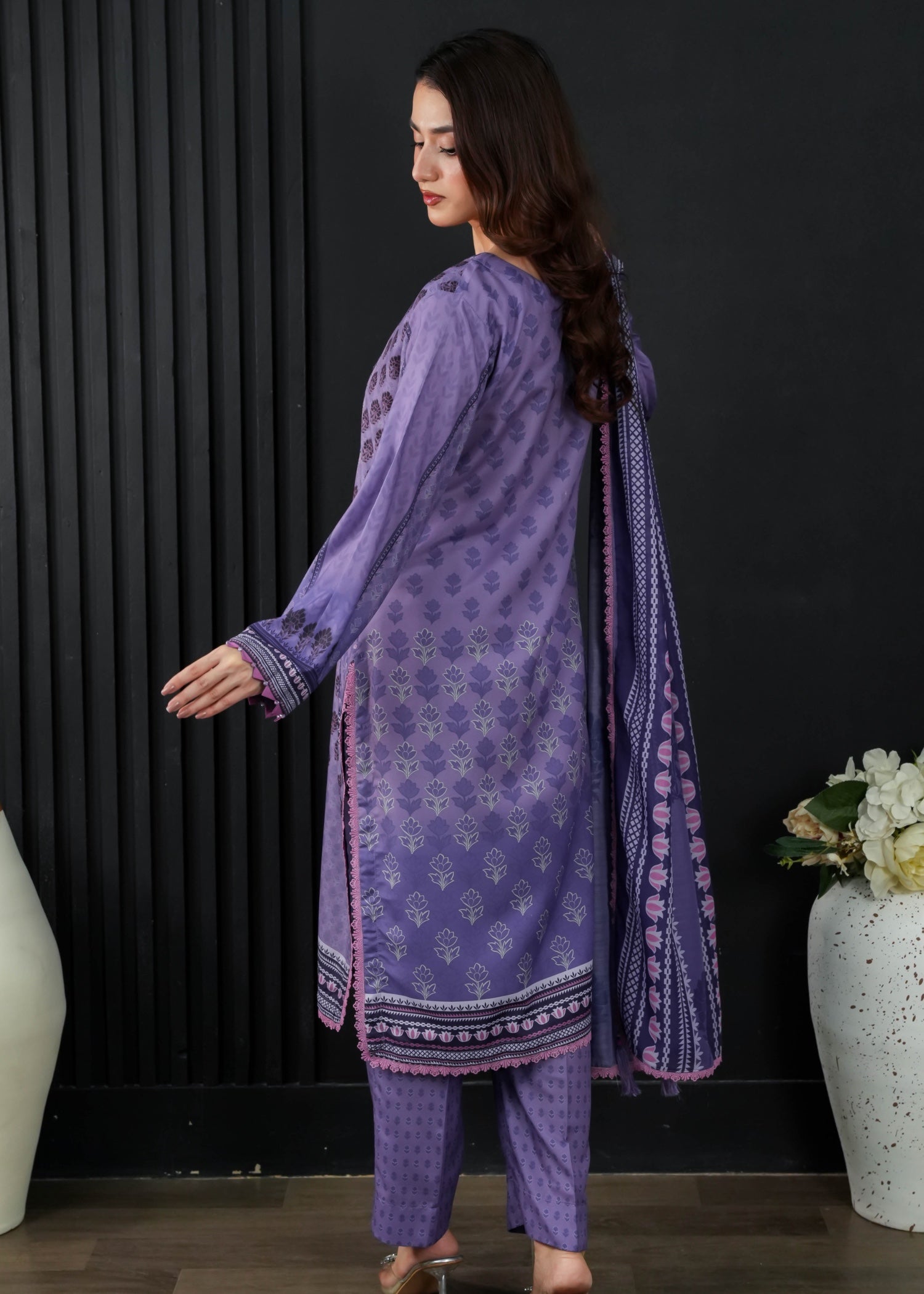 slub cambric Kurta Set in Heathered lilac