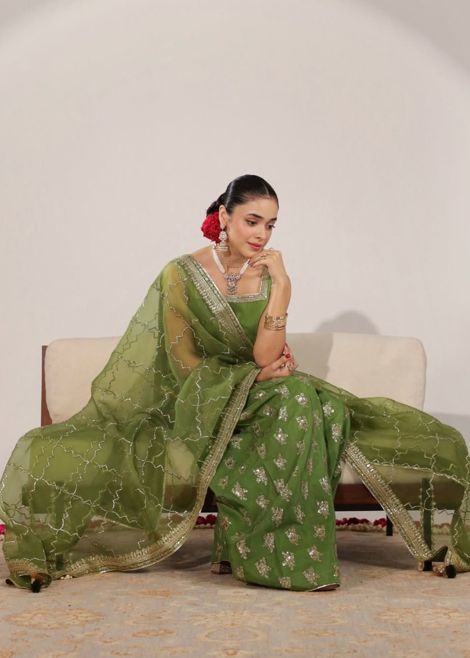 raw silk Kurta Set in Apple green