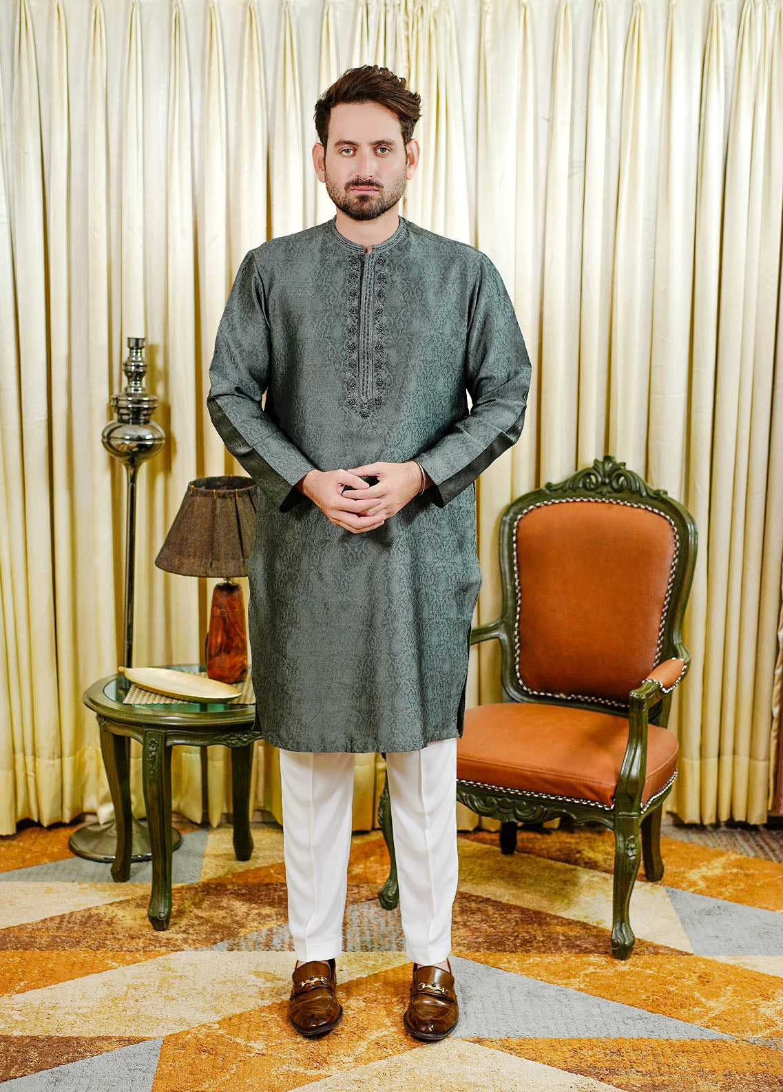 traditional jamawar Kurta in Iron grey