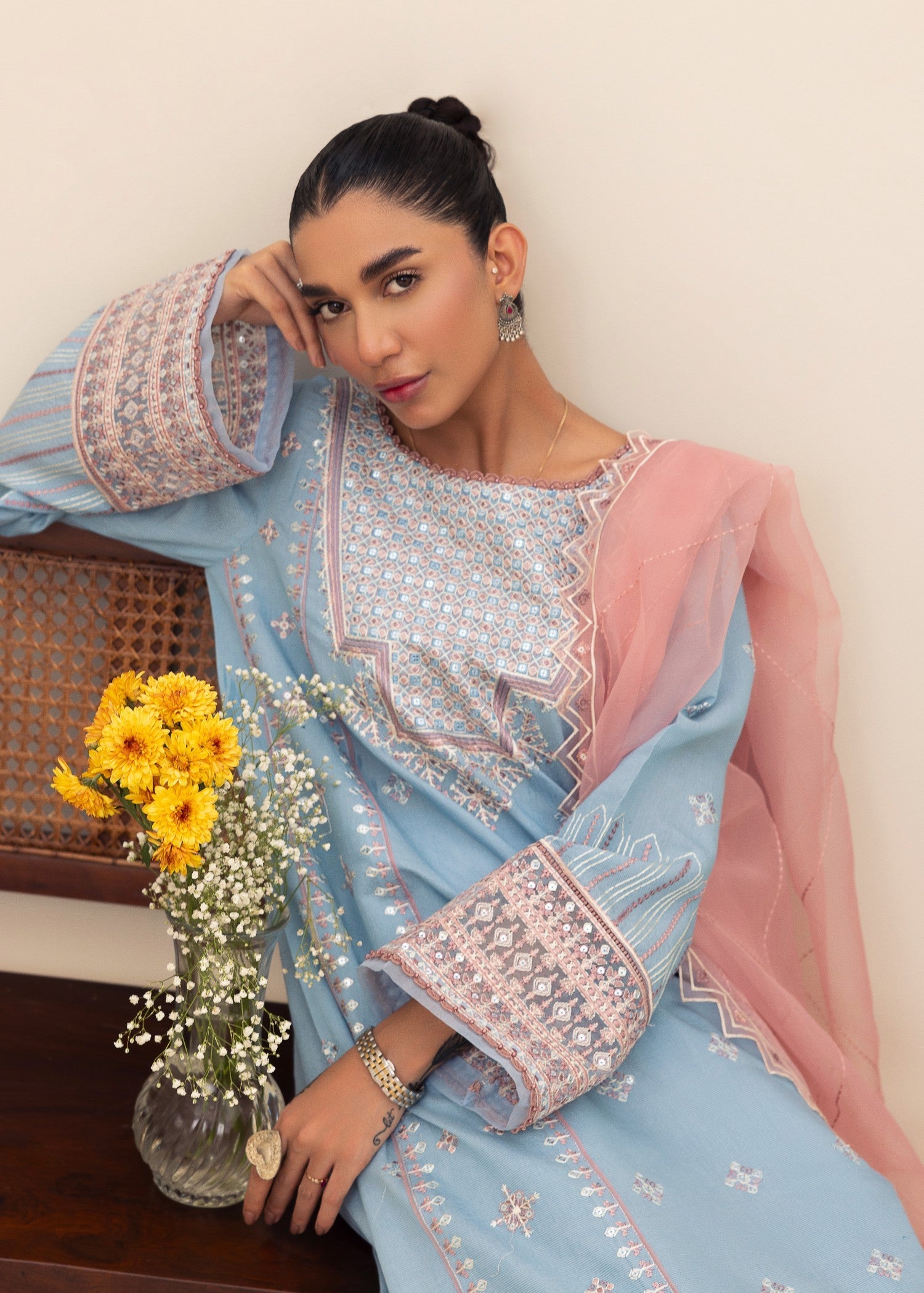 chambray Kurta Set in Light blue