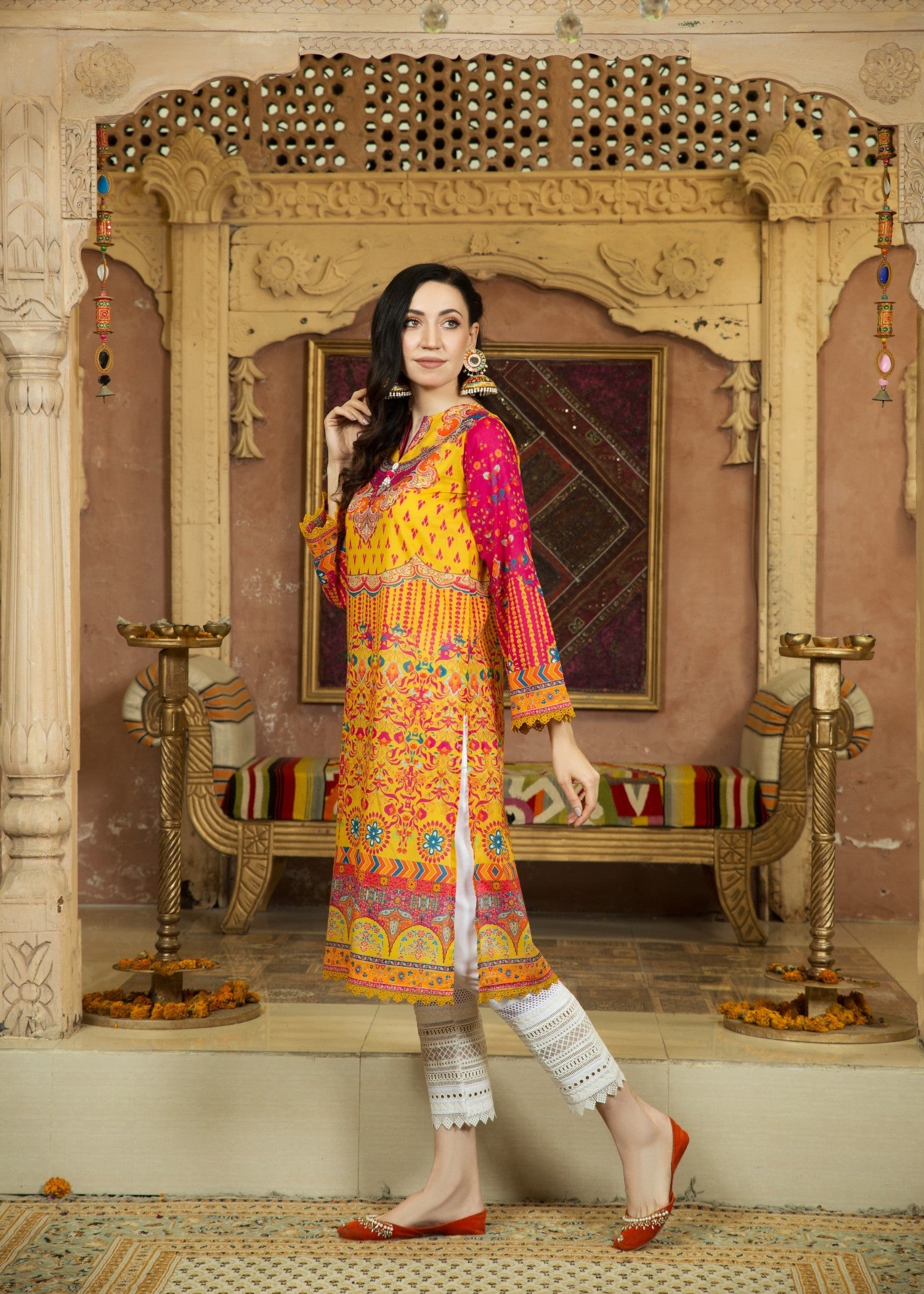 lawn Kurti in Gold, canary, deep pink