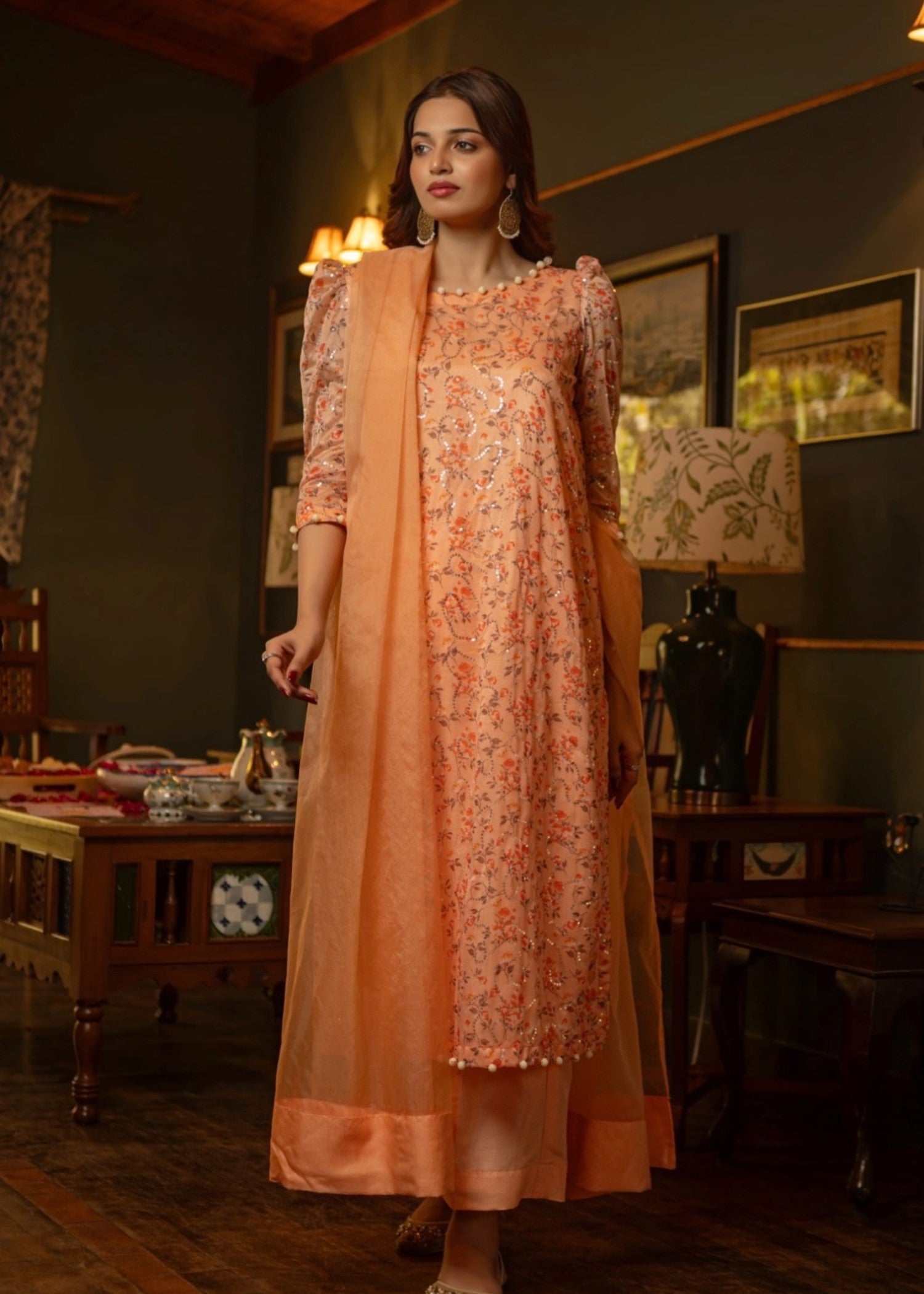khaddi net Kurta Set in Peach pink