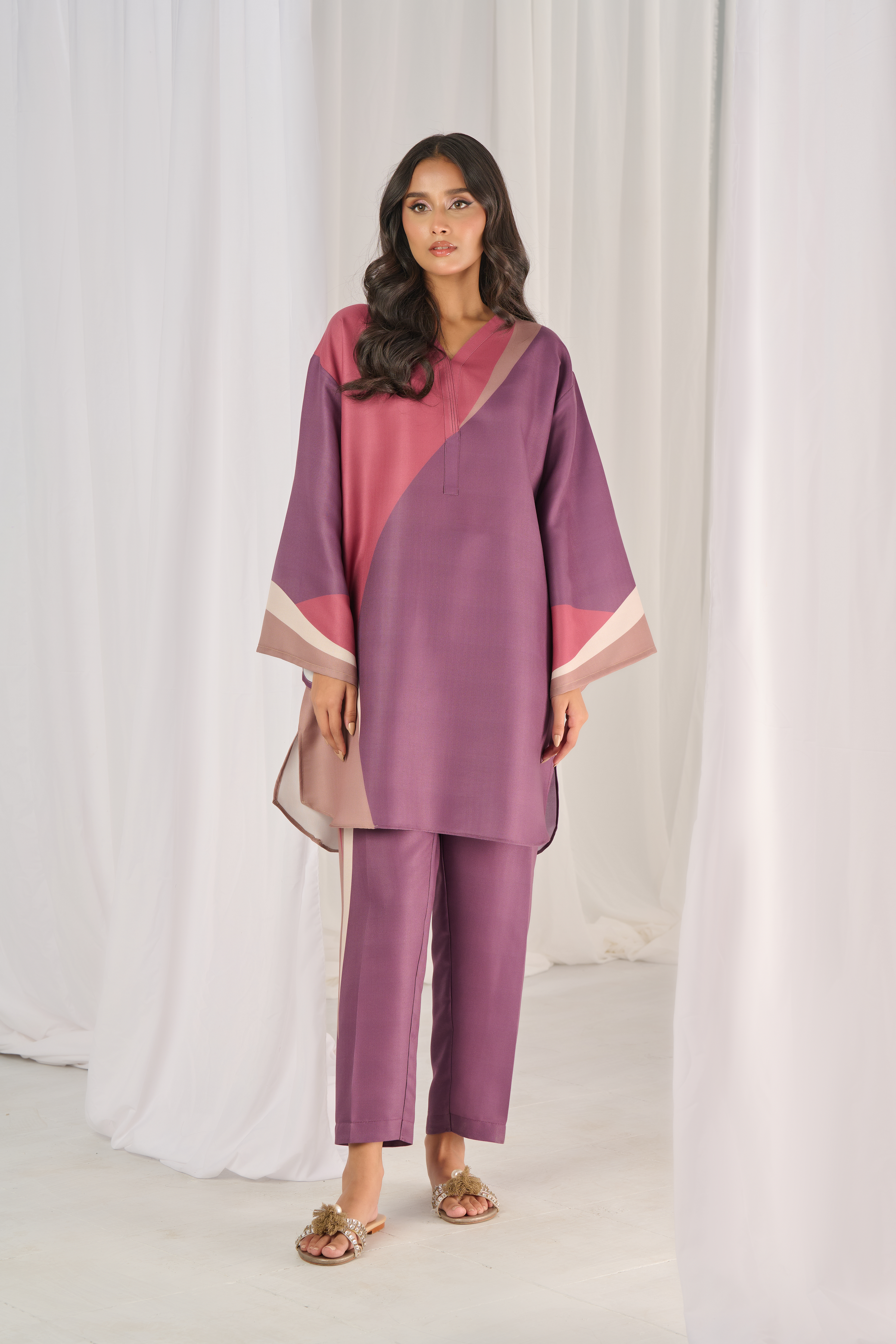 herringbone Kurta Set in Mauve