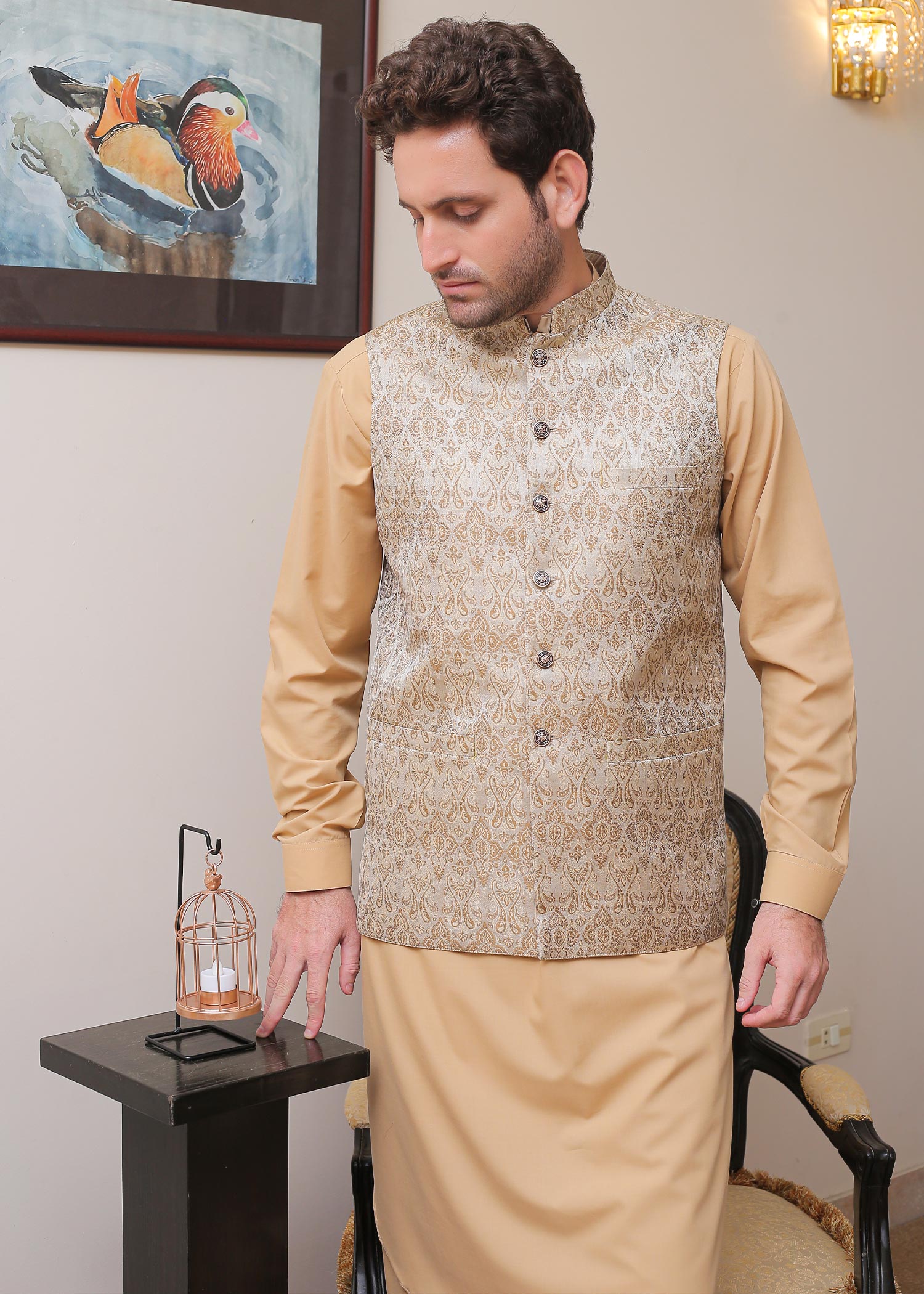 banarsi silk Waistcoat in Beige