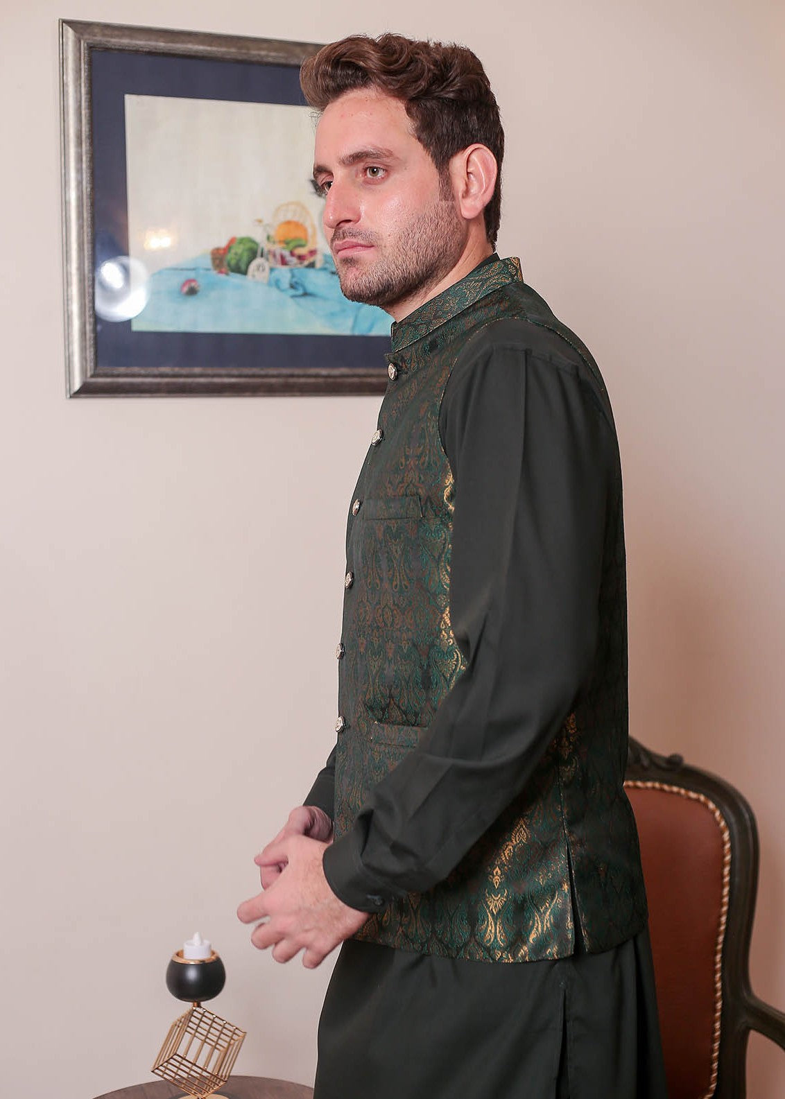 banarsi silk Waistcoat in Dark green