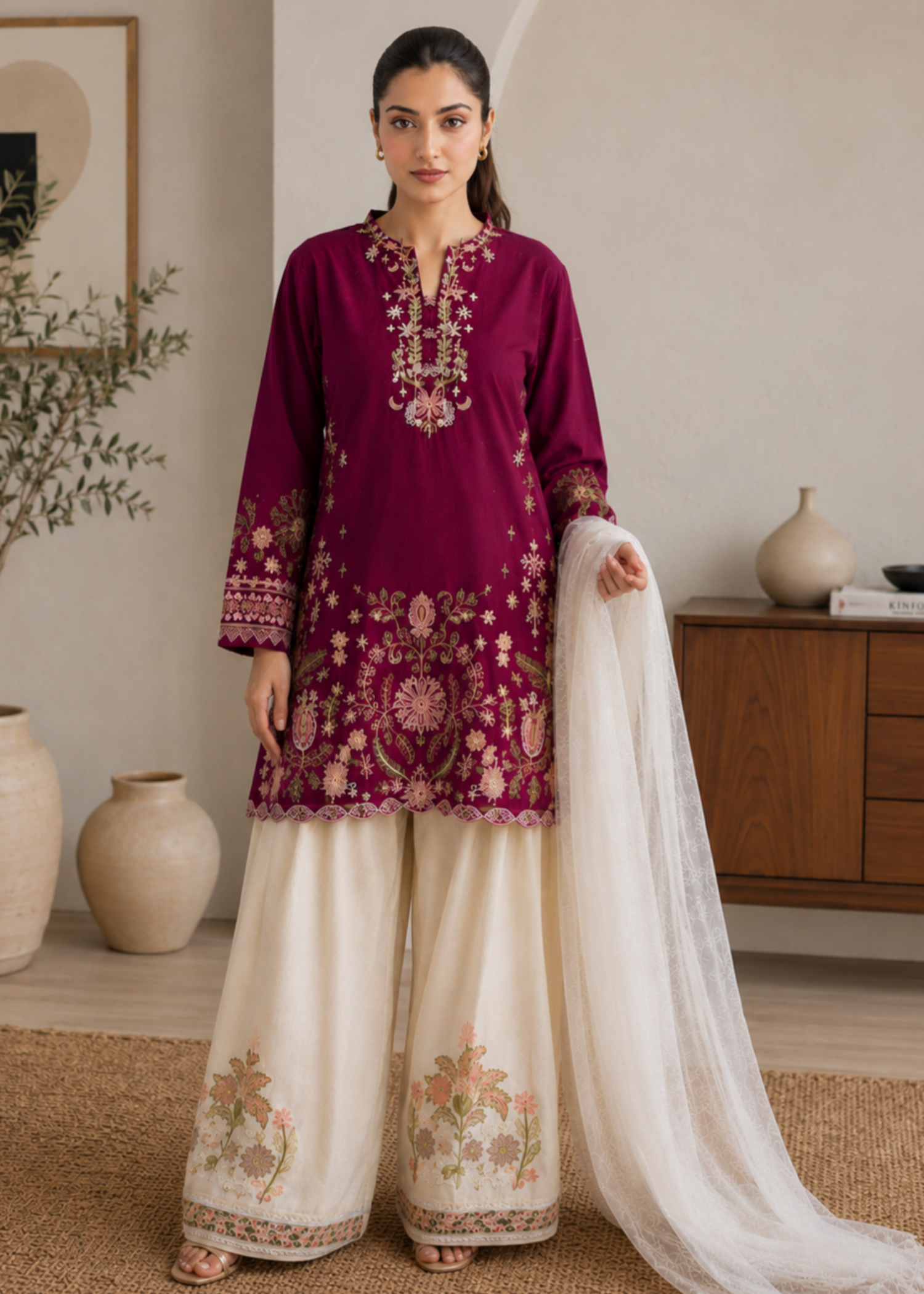 linen Kurta Set in White, deep purple