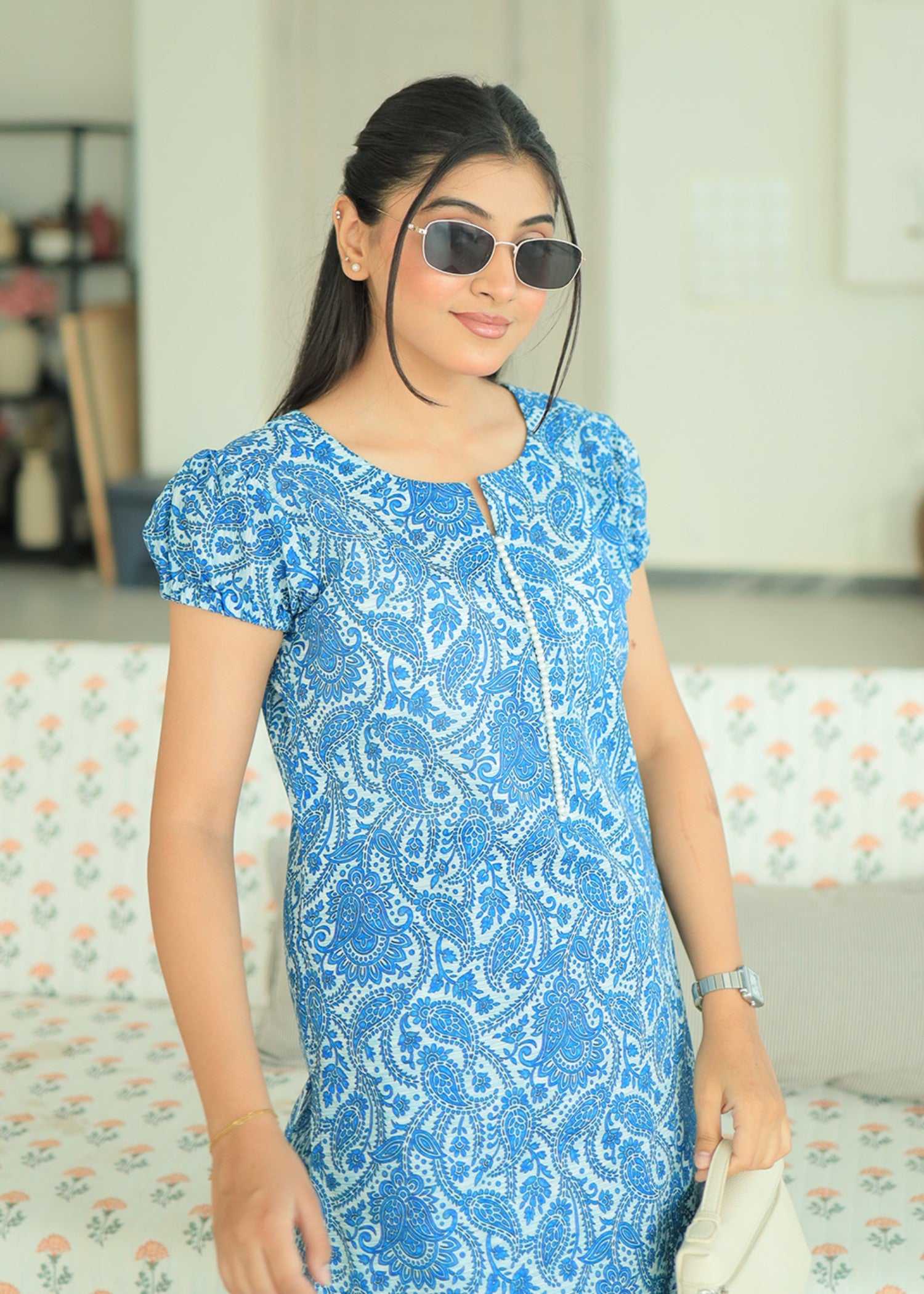 lawn Co Ord Sets in Sapphire blue, off-white
