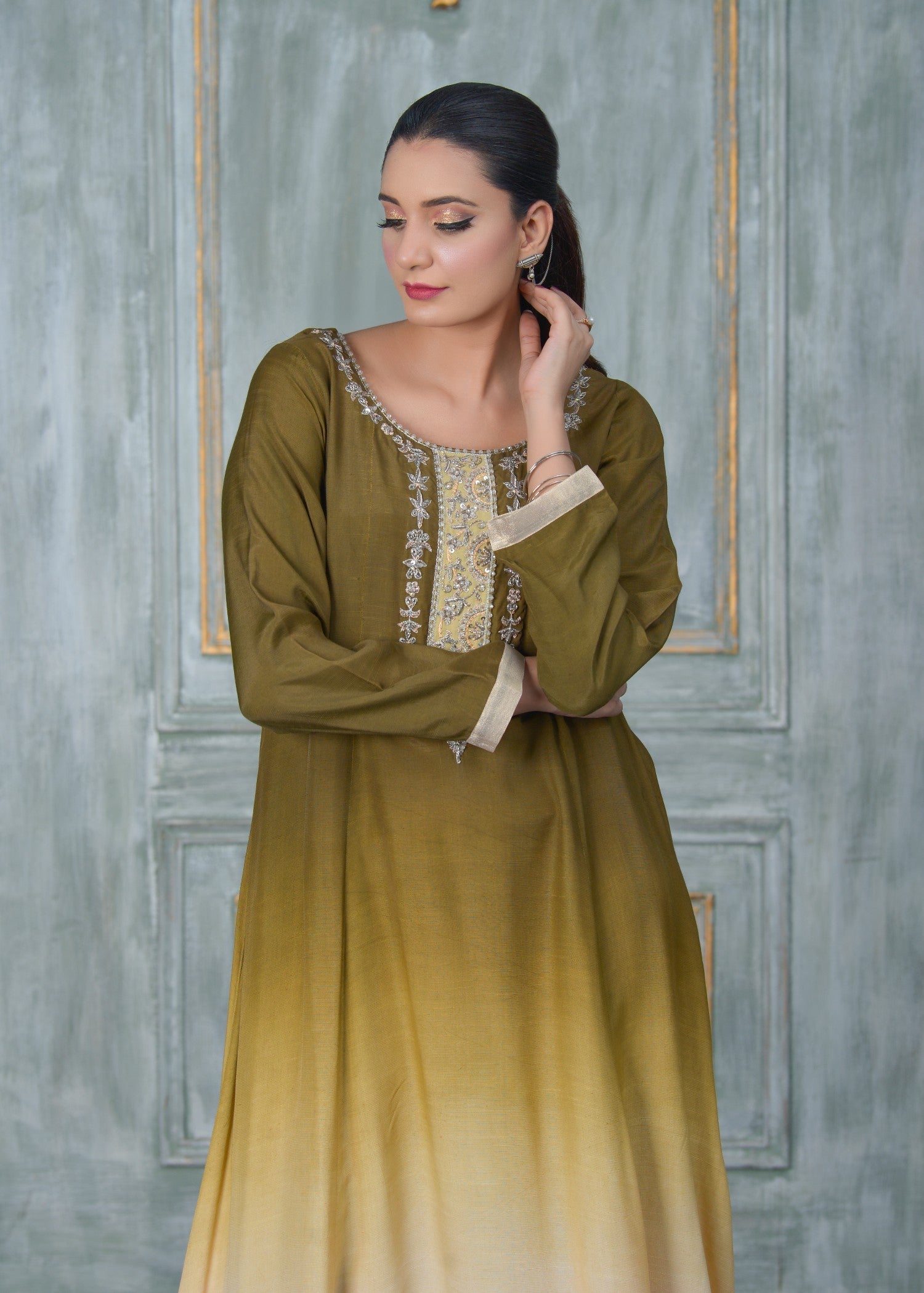 raw silk Maxi in Olive green