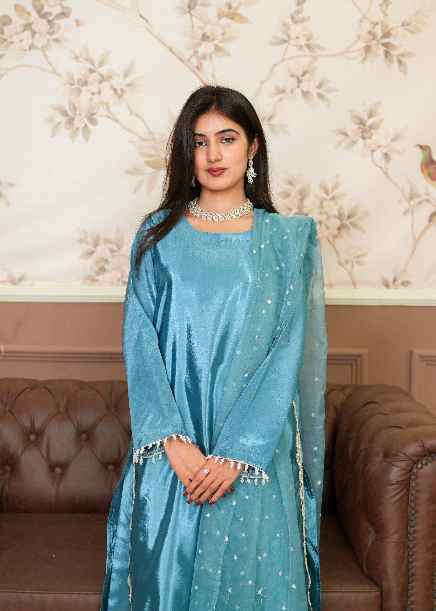 silk Kurta Set in Ocean blue