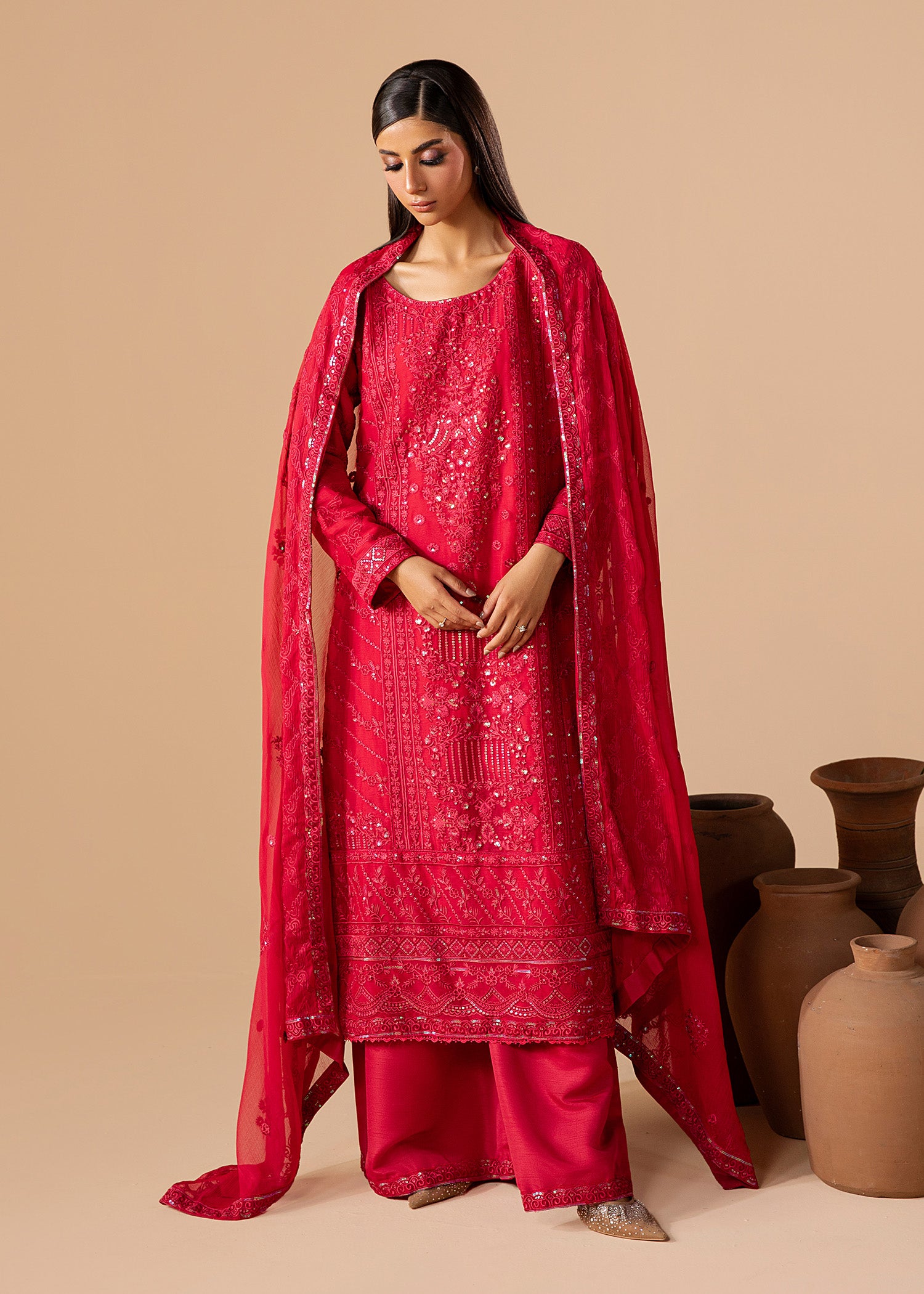 chiffon Kurta Set in Ruby red