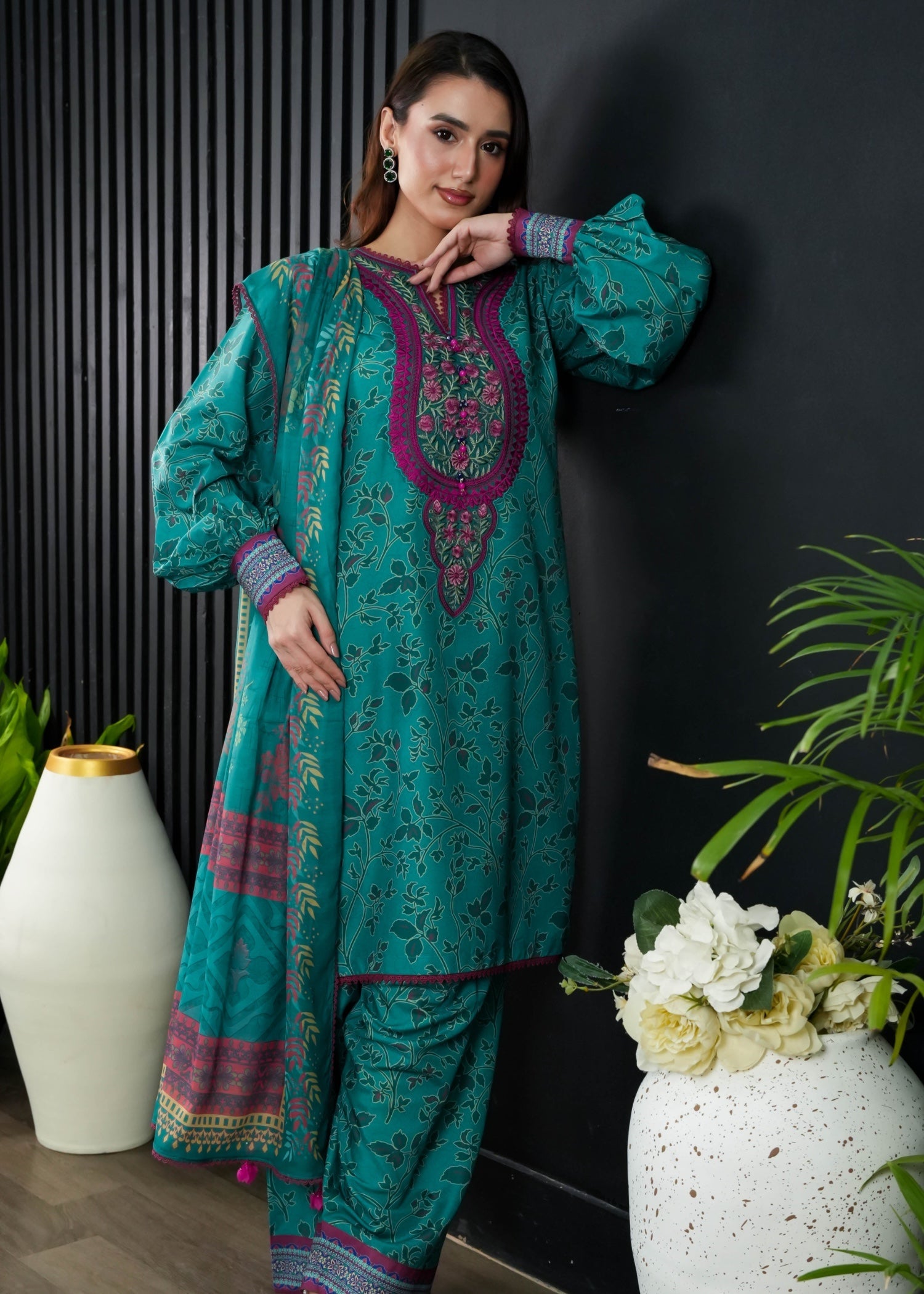 slub cambric Kurta Set in Sea green
