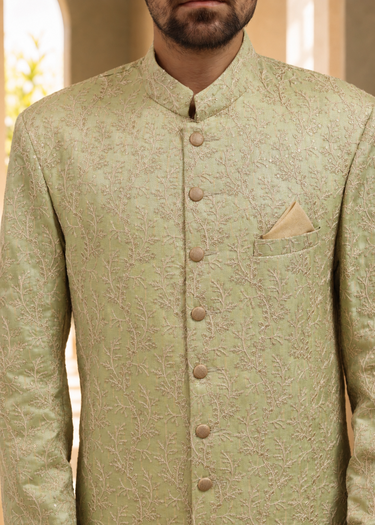 jamawar Sherwani in Tea green, autumn gold