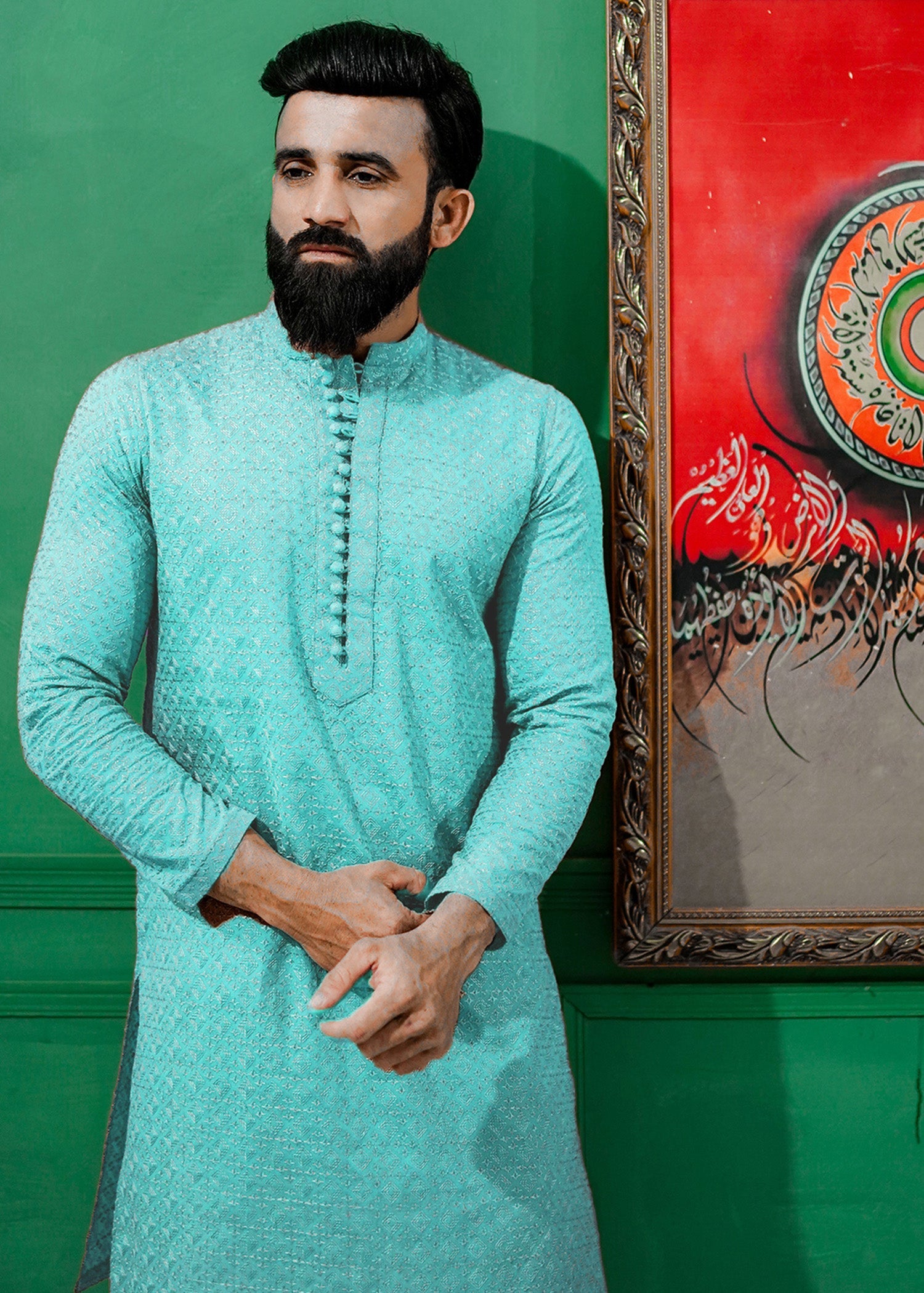 chikankari cotton Kurta in Aquamarine by Label M by Mohib
