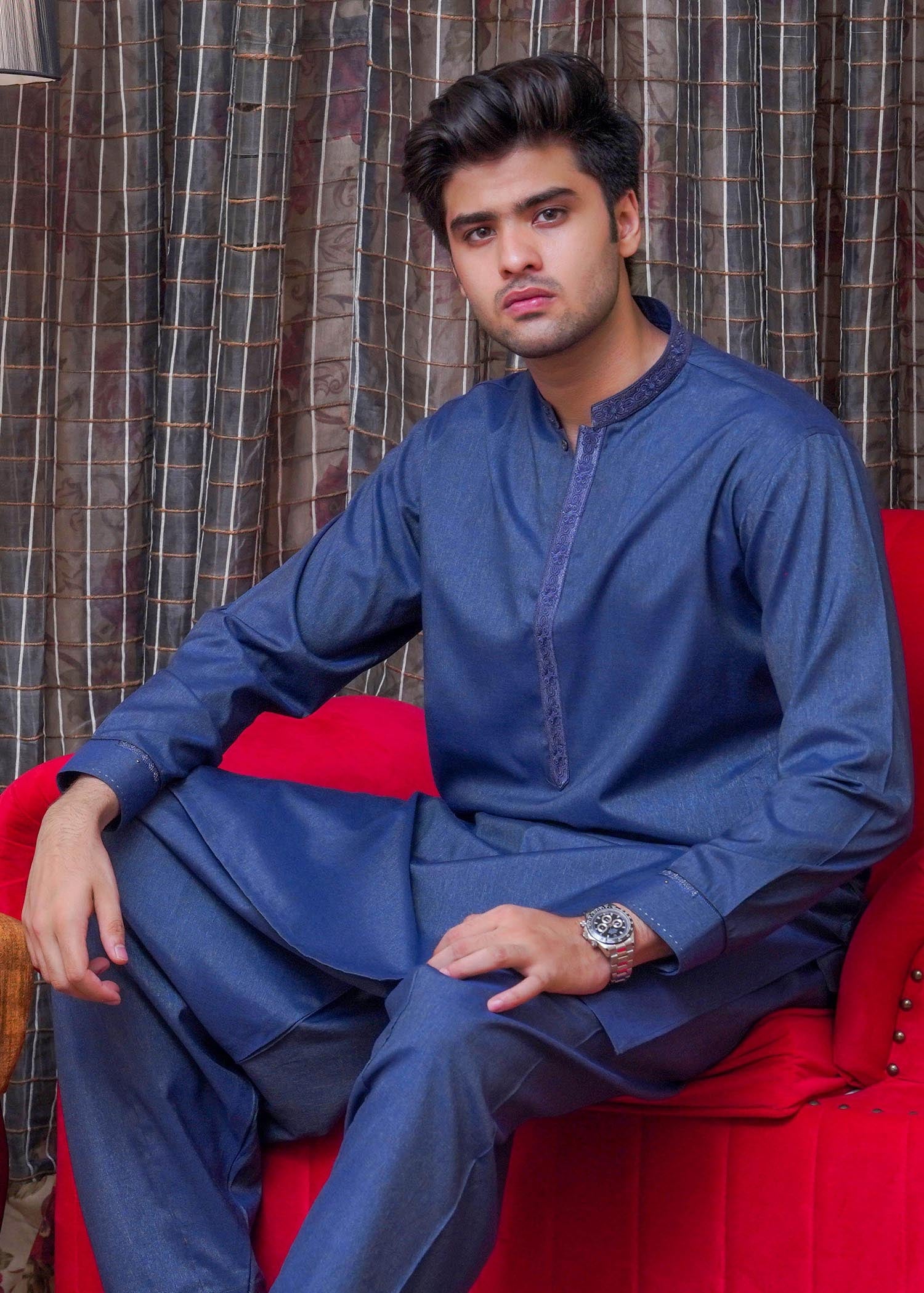 textured wash & wear Shalwar Kameez in Blue