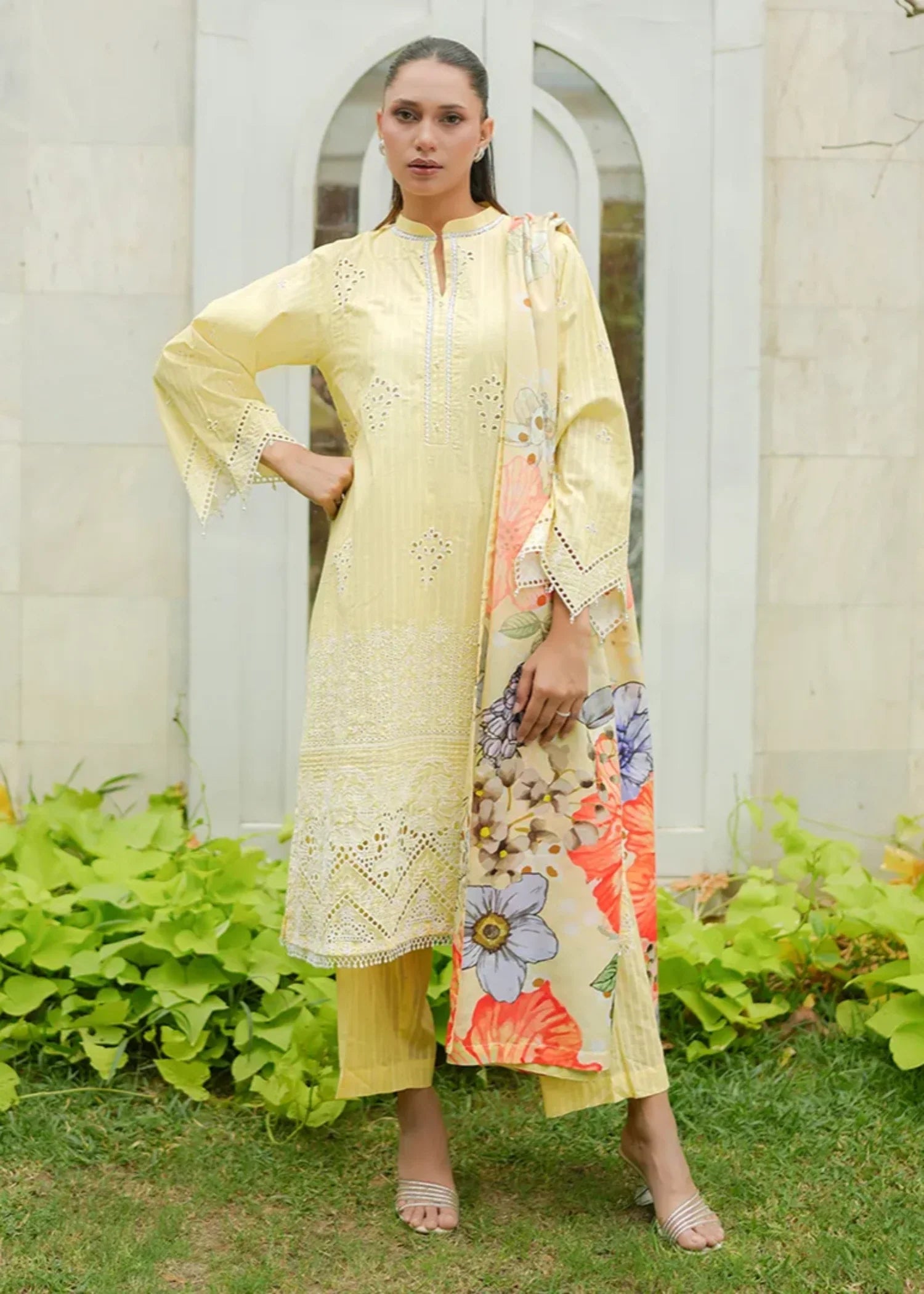 textured lawn Kurta Set in Yellow