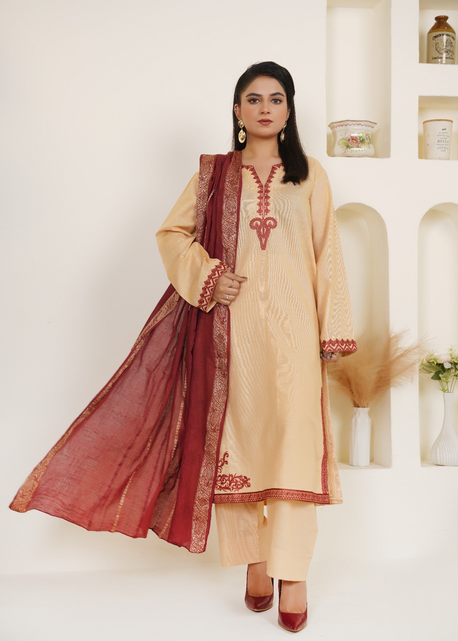 khaddar Kurta Set in Gold, burnt red, buttercream