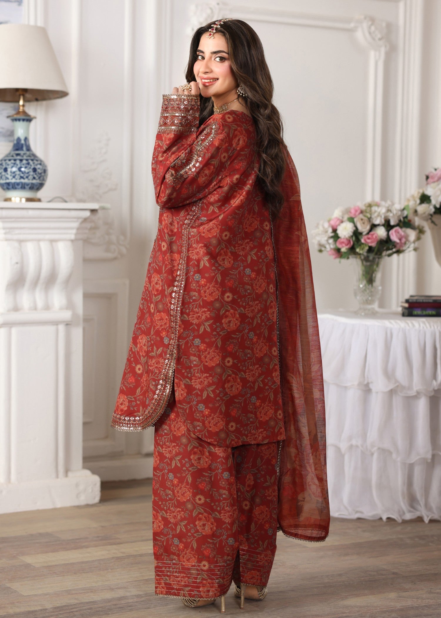 poly lawn Kurta Set in Rustic brown