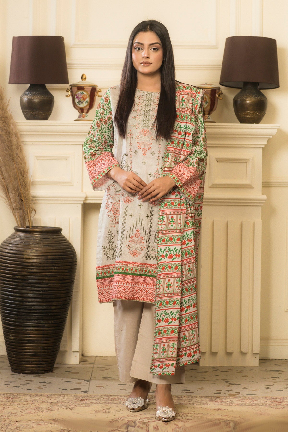 lawn voile Kurta Set in Ivory