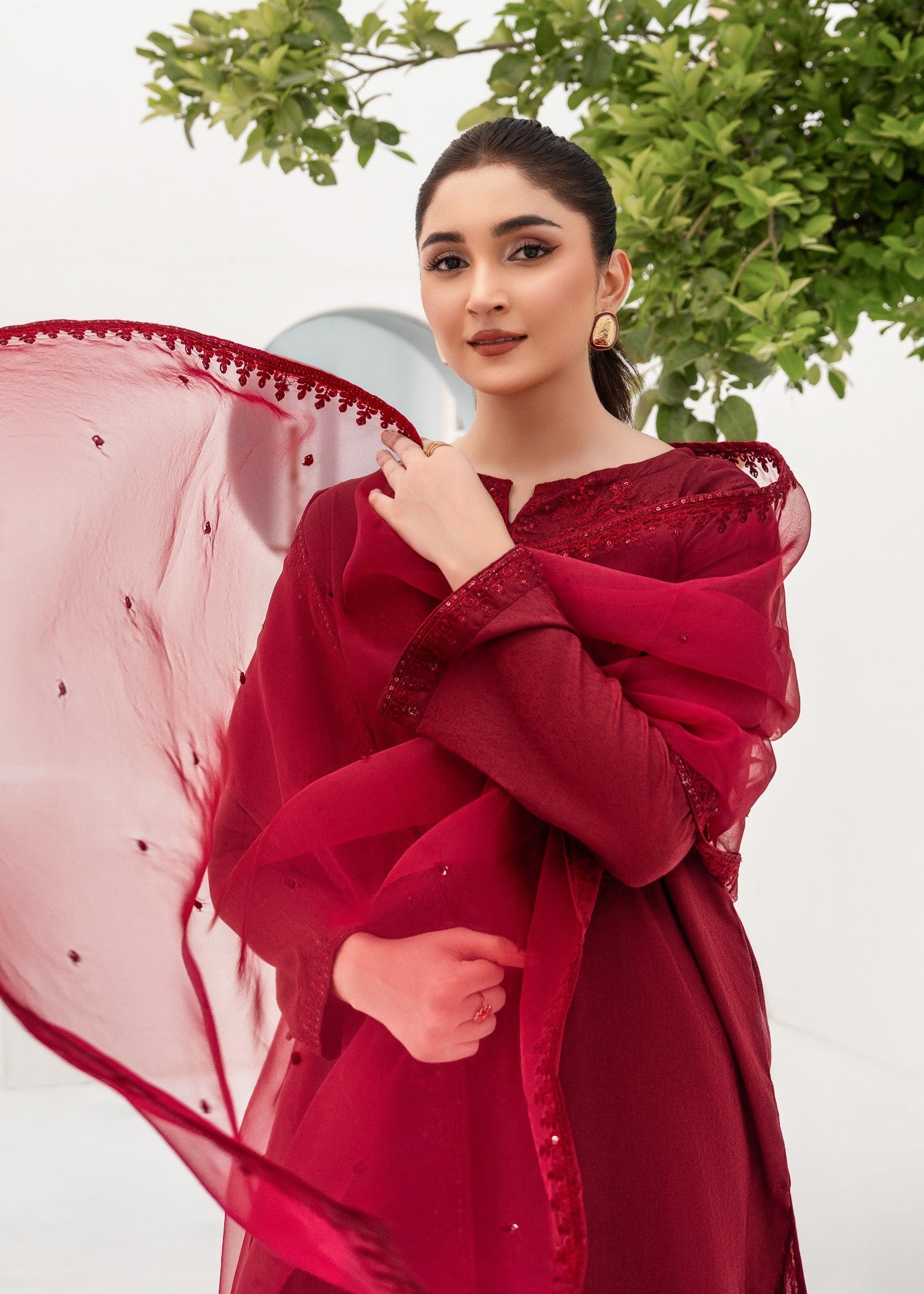textured lawn Kurta Set in Maroon