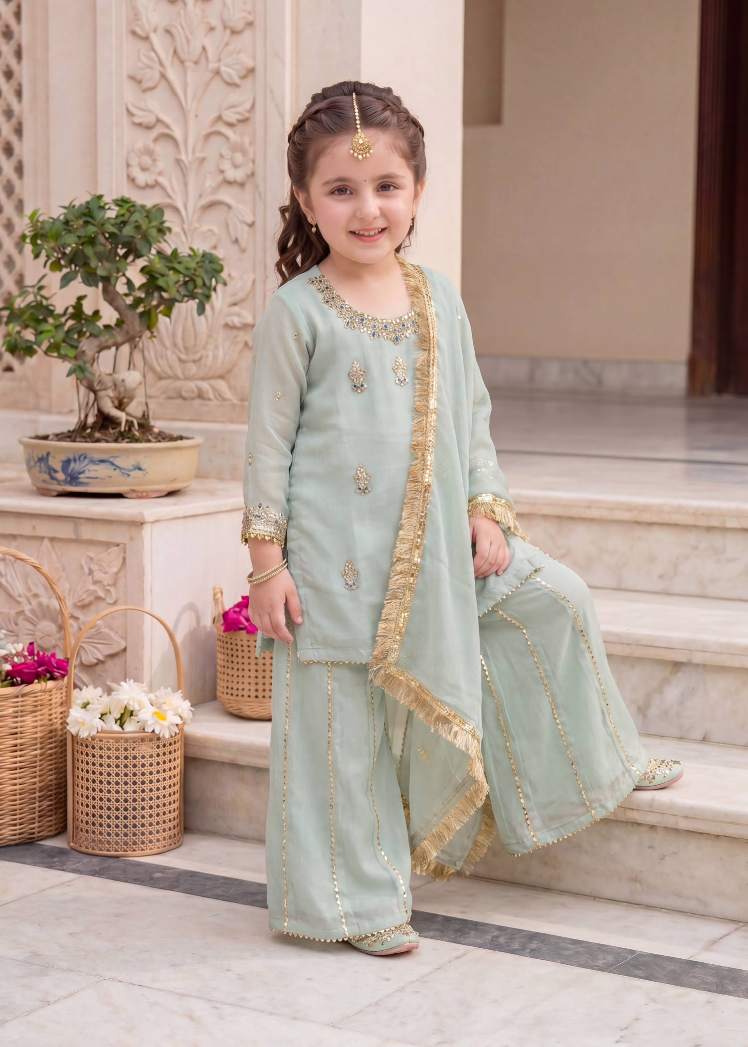 chiffon Kurta Set in Tea green