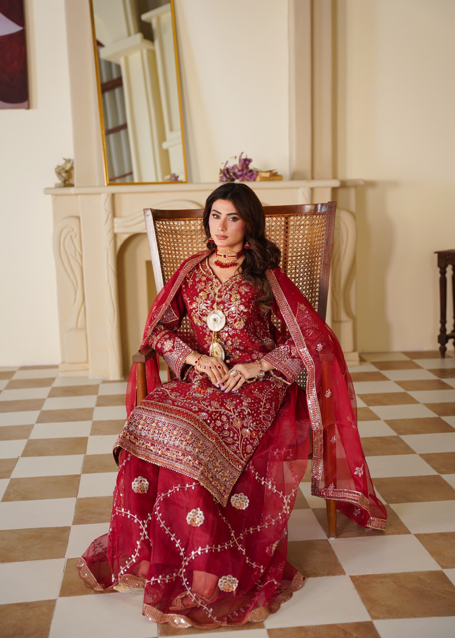 chiffon Sharara in Gold, rose red