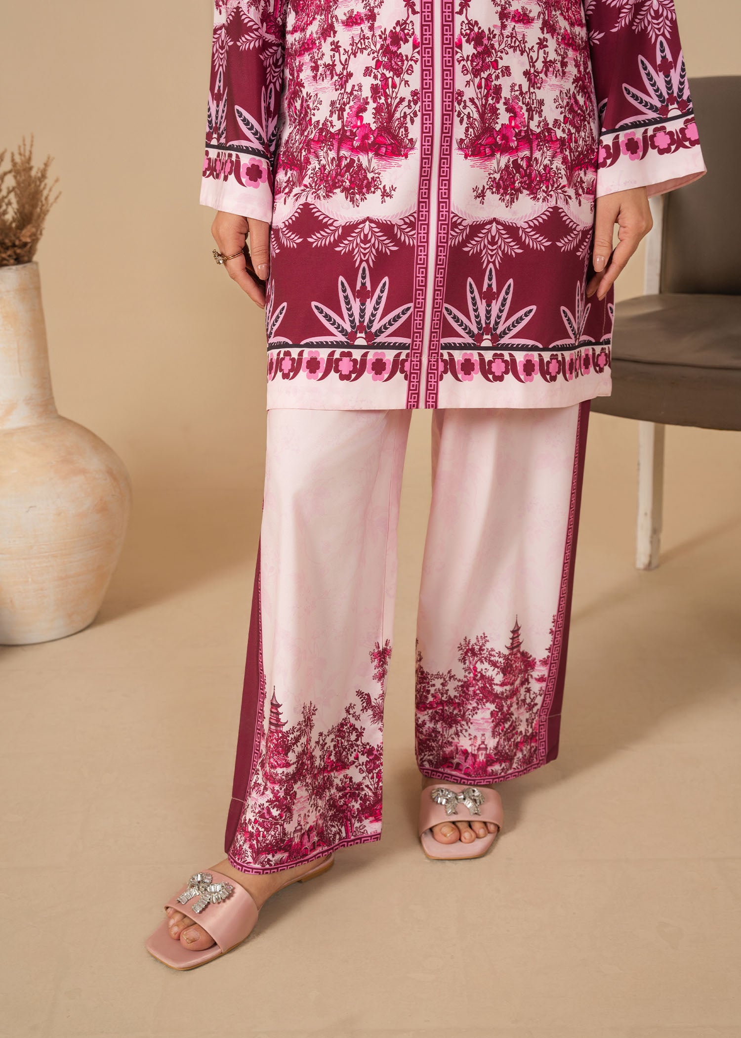 silk Co Ord Sets in Off-white, plum