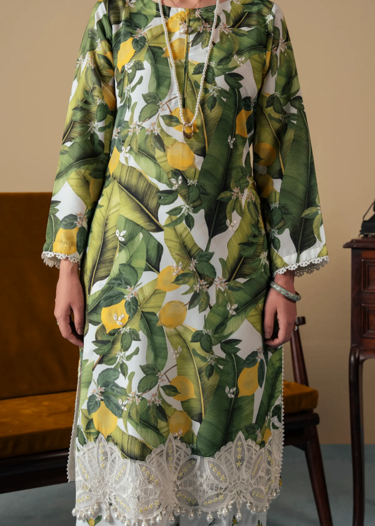 silk Kurta Set in White, green