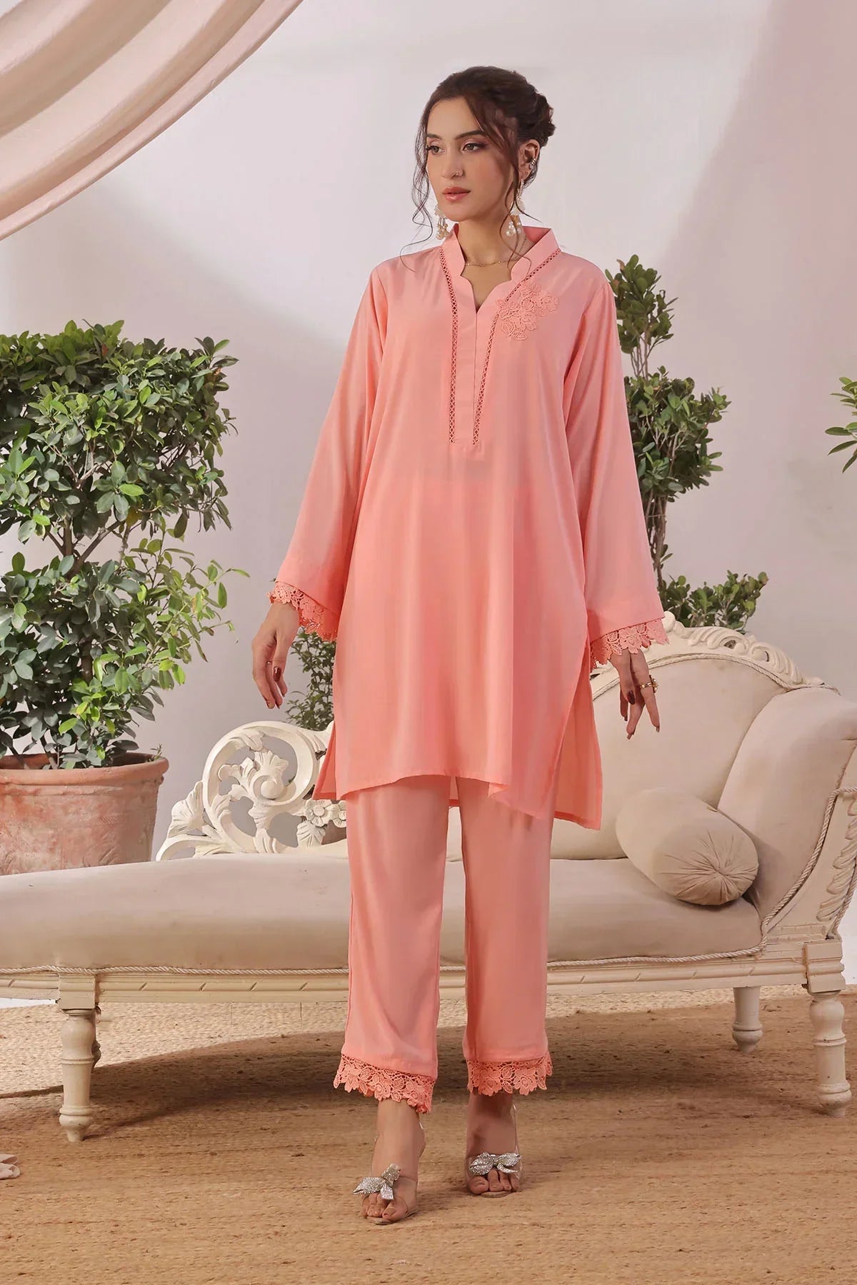 silk Kurta Set in Coral pink