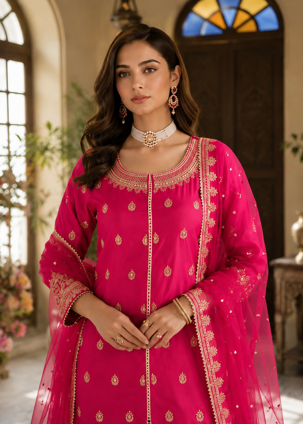 silk Sharara in Ruby red