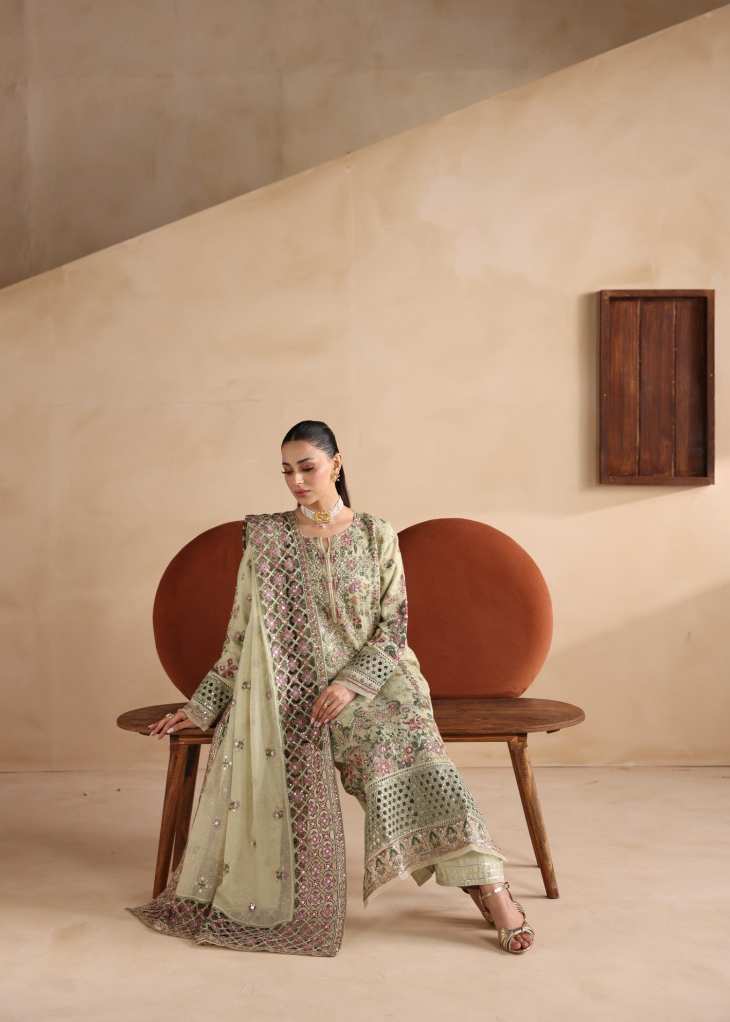khaddi net Kurta Set in Pistachio green