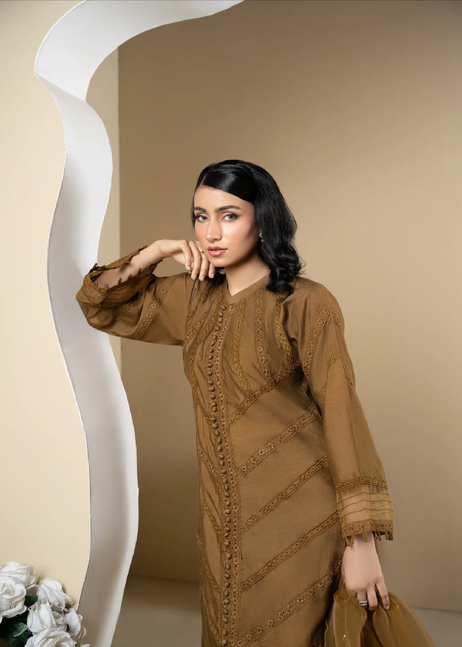 silk cotton net Kurta Set in Brown