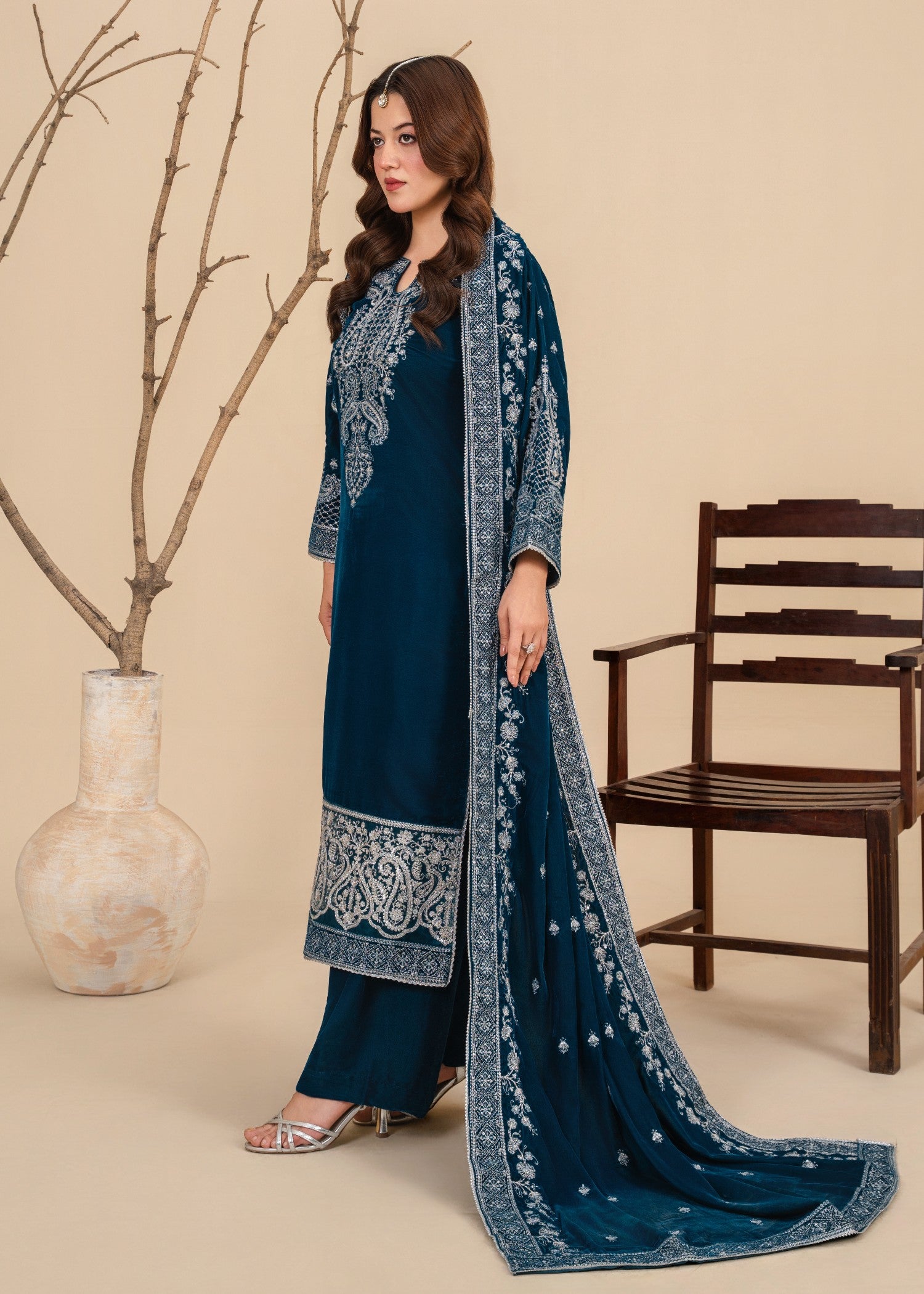 velvet Kurta Set in Yale blue