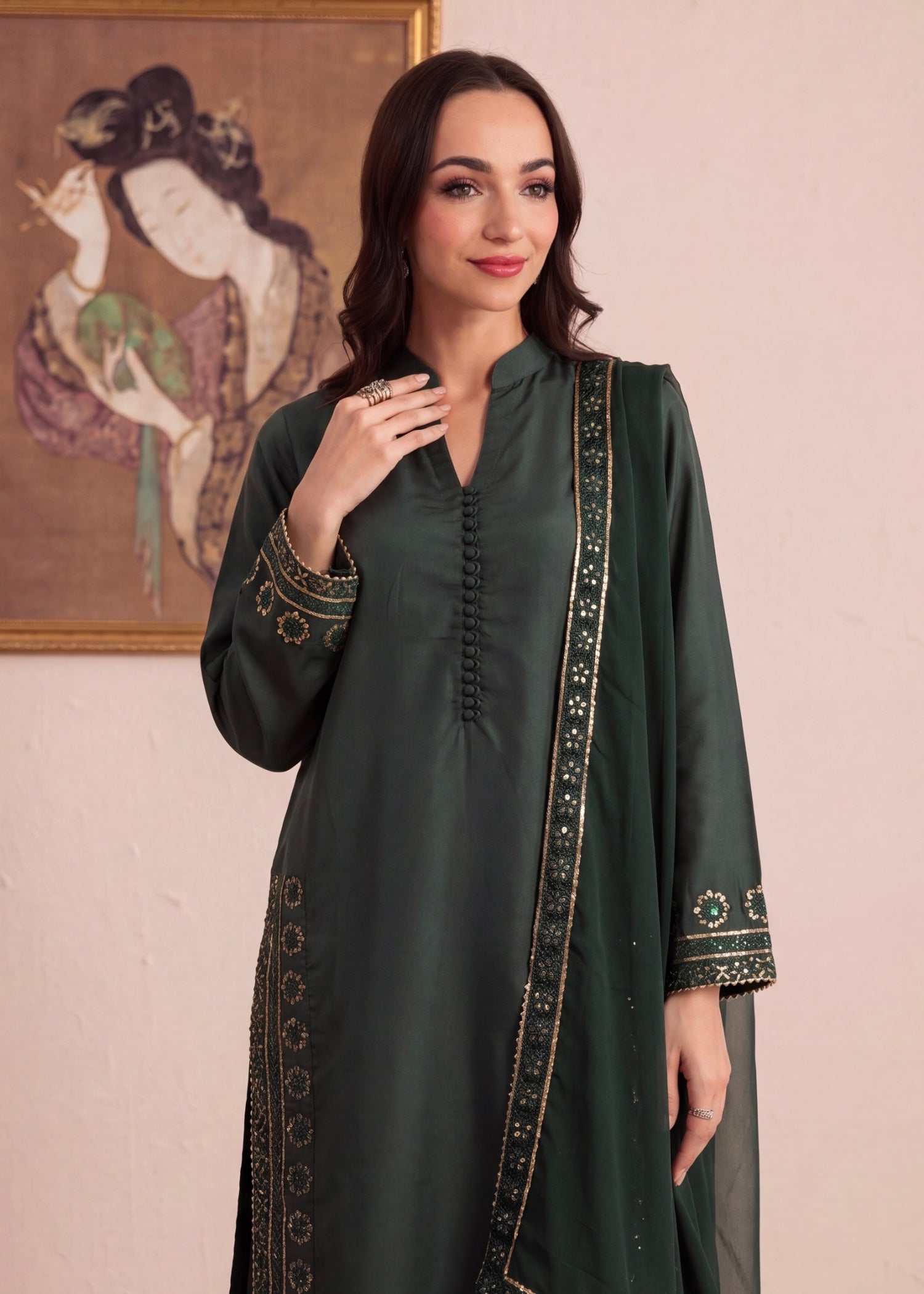 kattan silk Kurta Set in Dark green