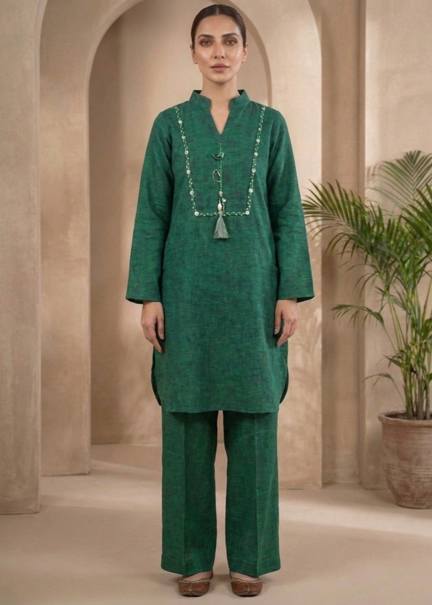 jacquard Kurta Set in Bottle green