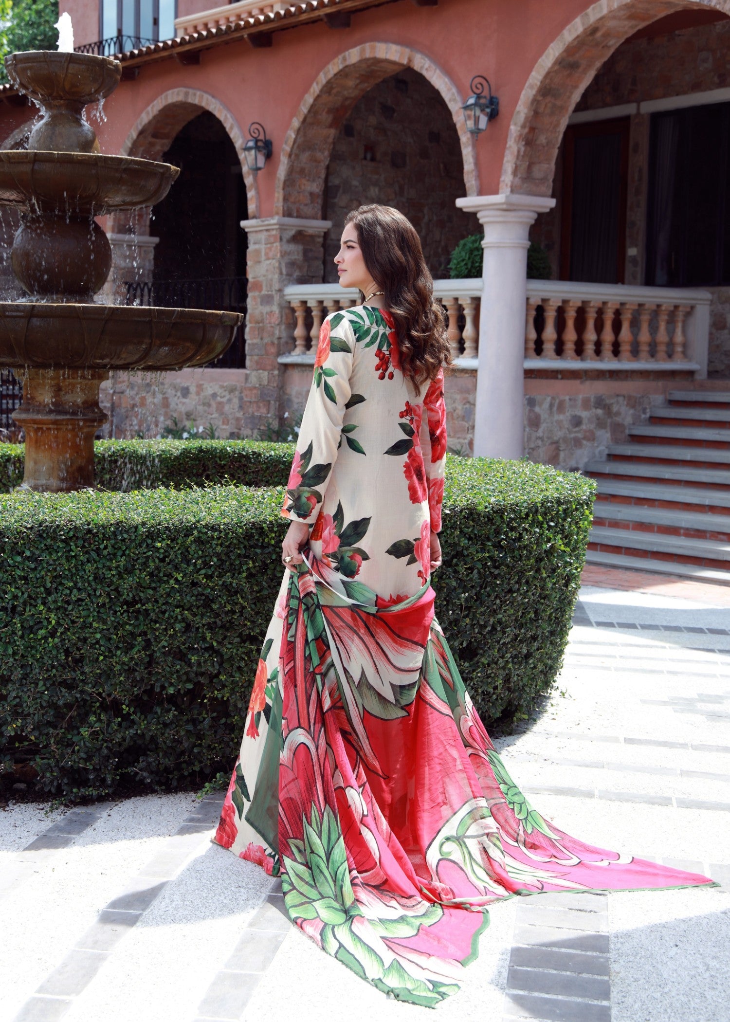 lawn Sharara in Red, white
