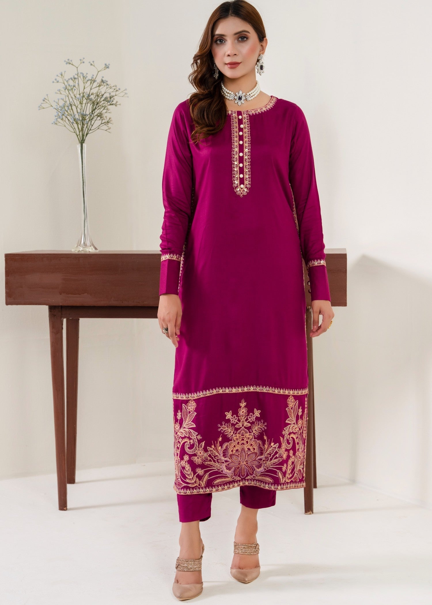 twill khaddar Kurta Set in Plum