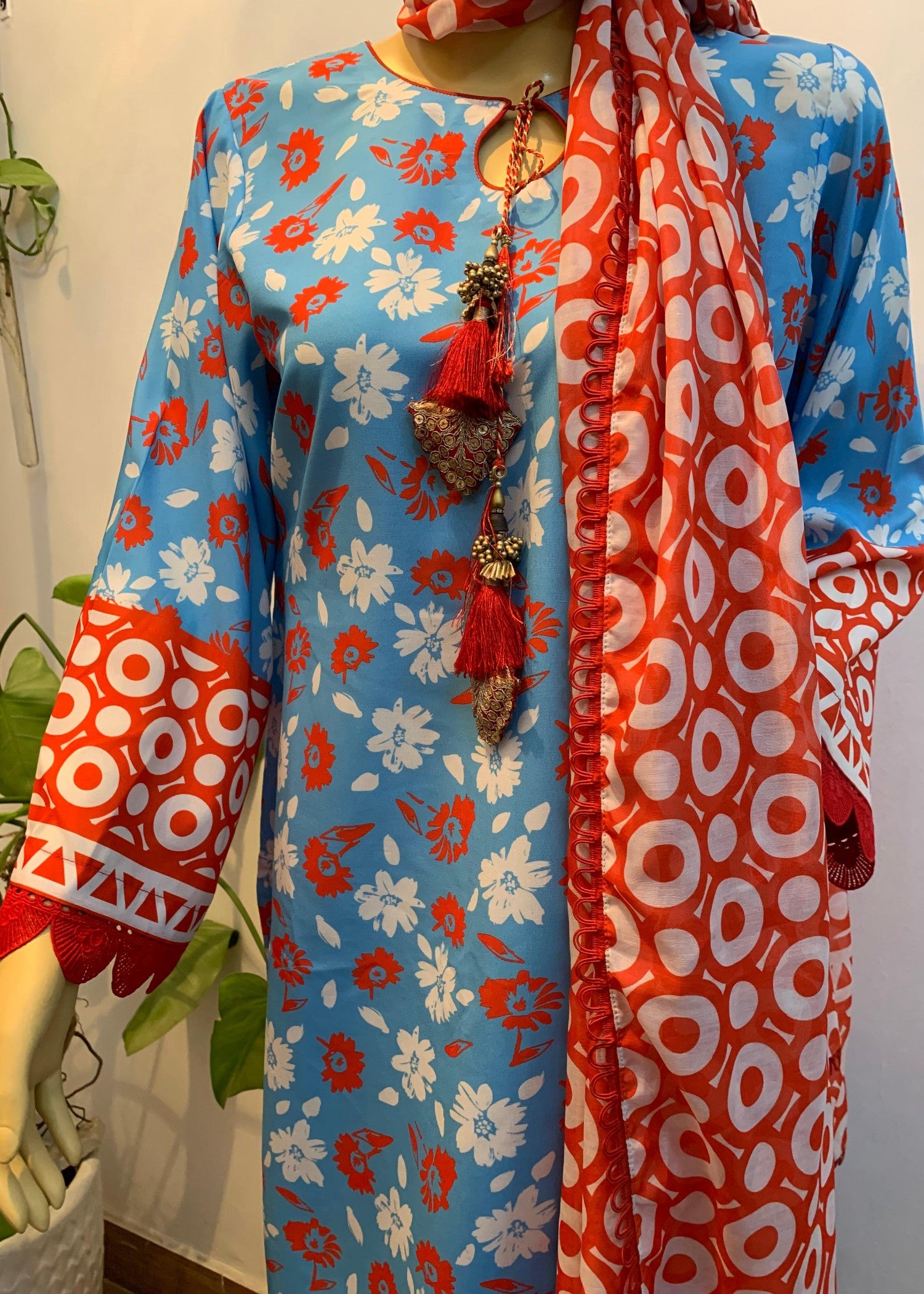 silk finish lawn Unstitched in Red, azure, dodger blue