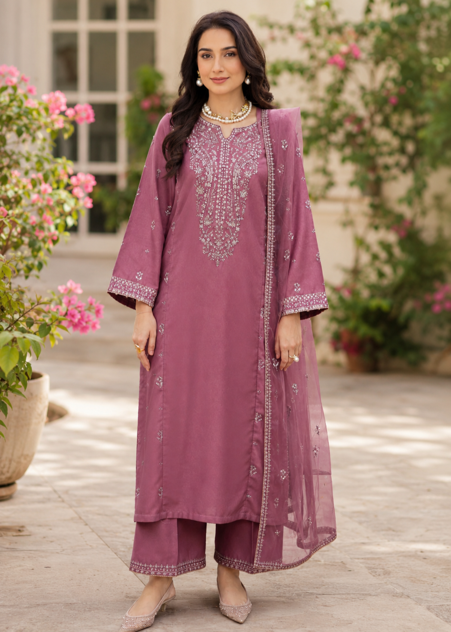 linen Kurta Set in Hot pink red
