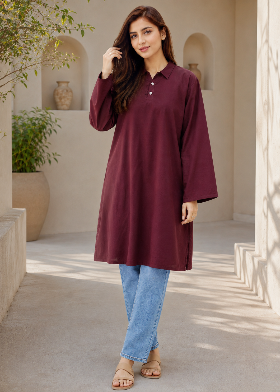 lawn Kurti in Maroon