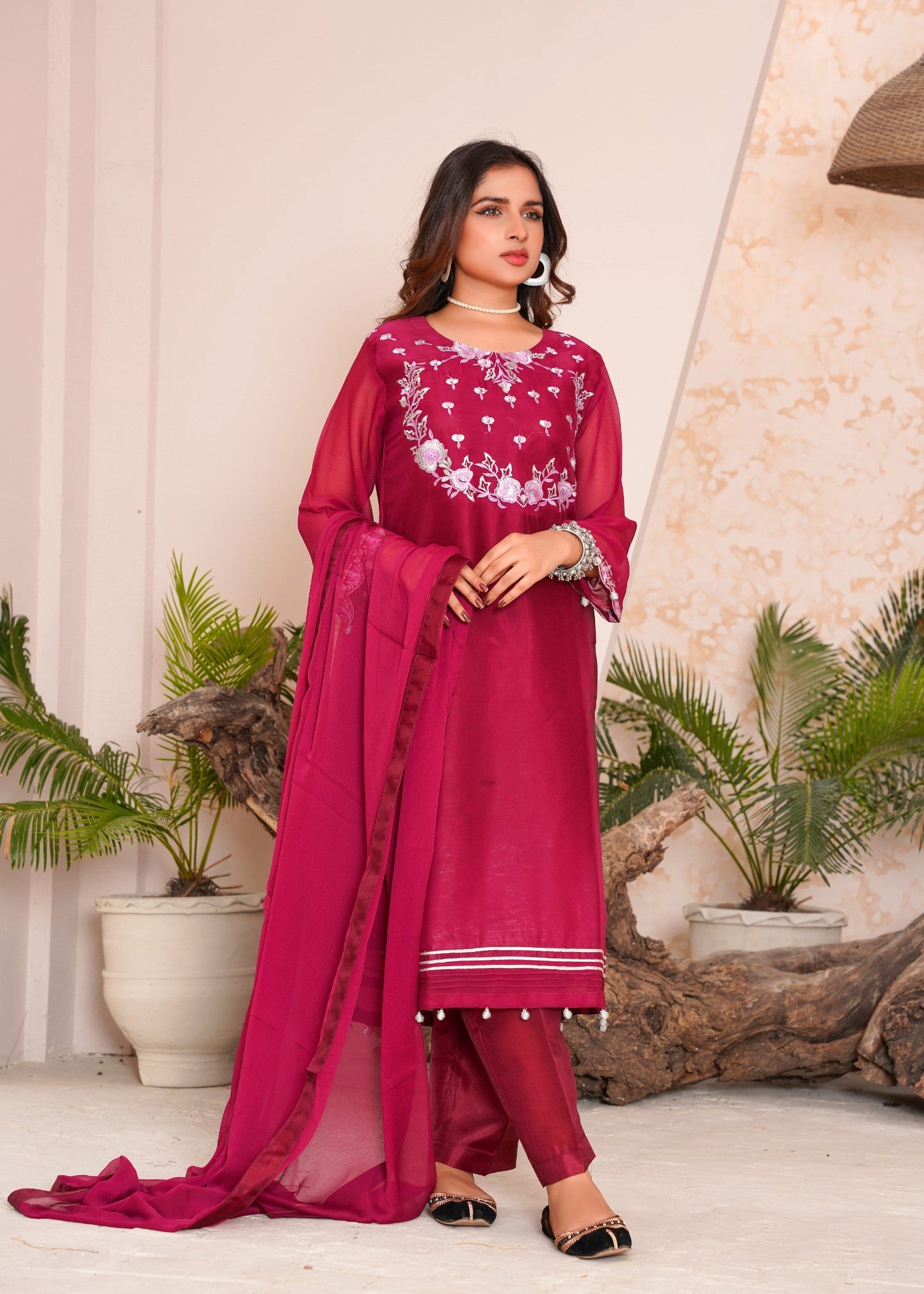 chiffon Kurta Set in Burgundy